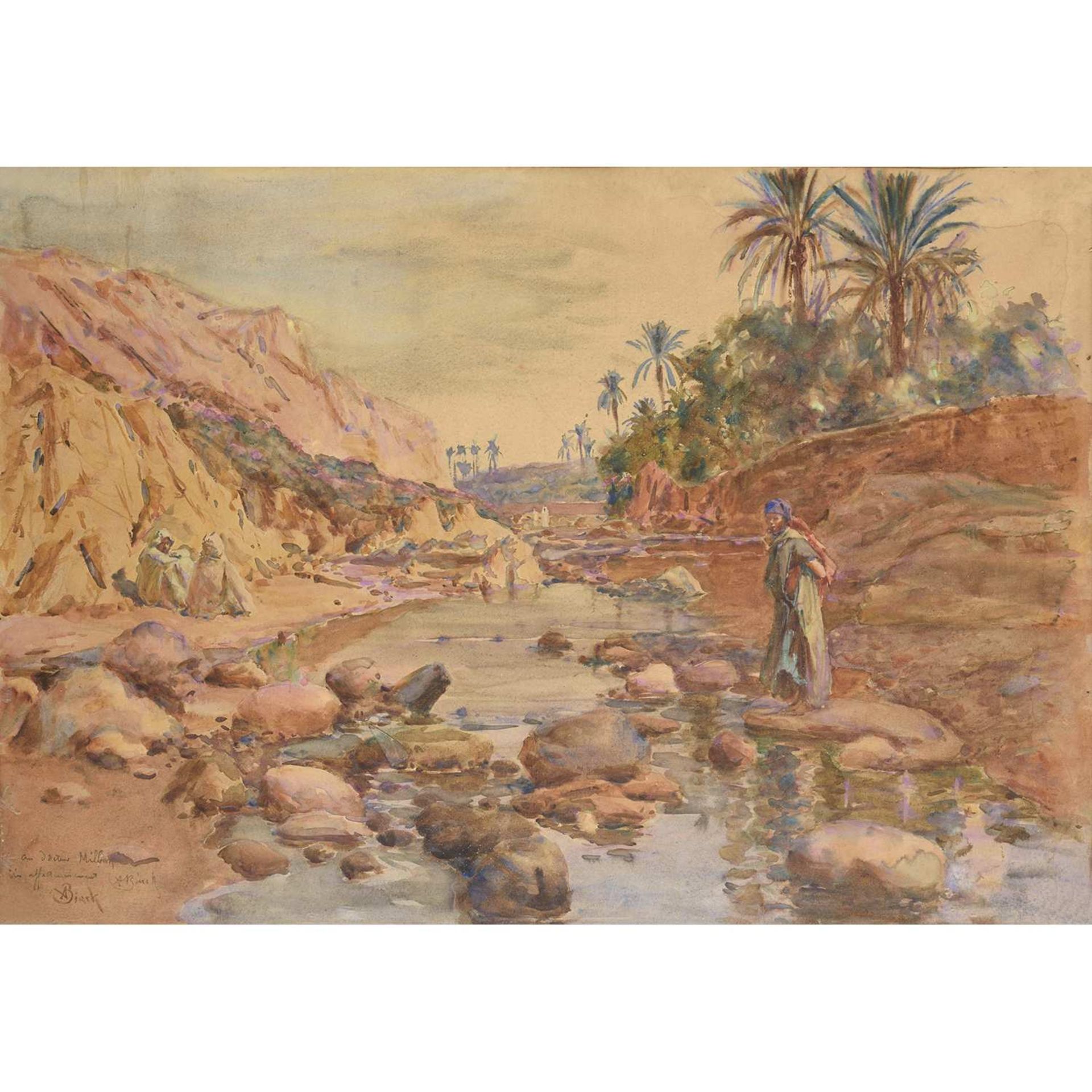 ALPHONSE BIRCK (1859-1942) LAVANDIÈRE AU BORD DE L’OUED WASHERWOMAN BY THE WADI Aquarelle sur