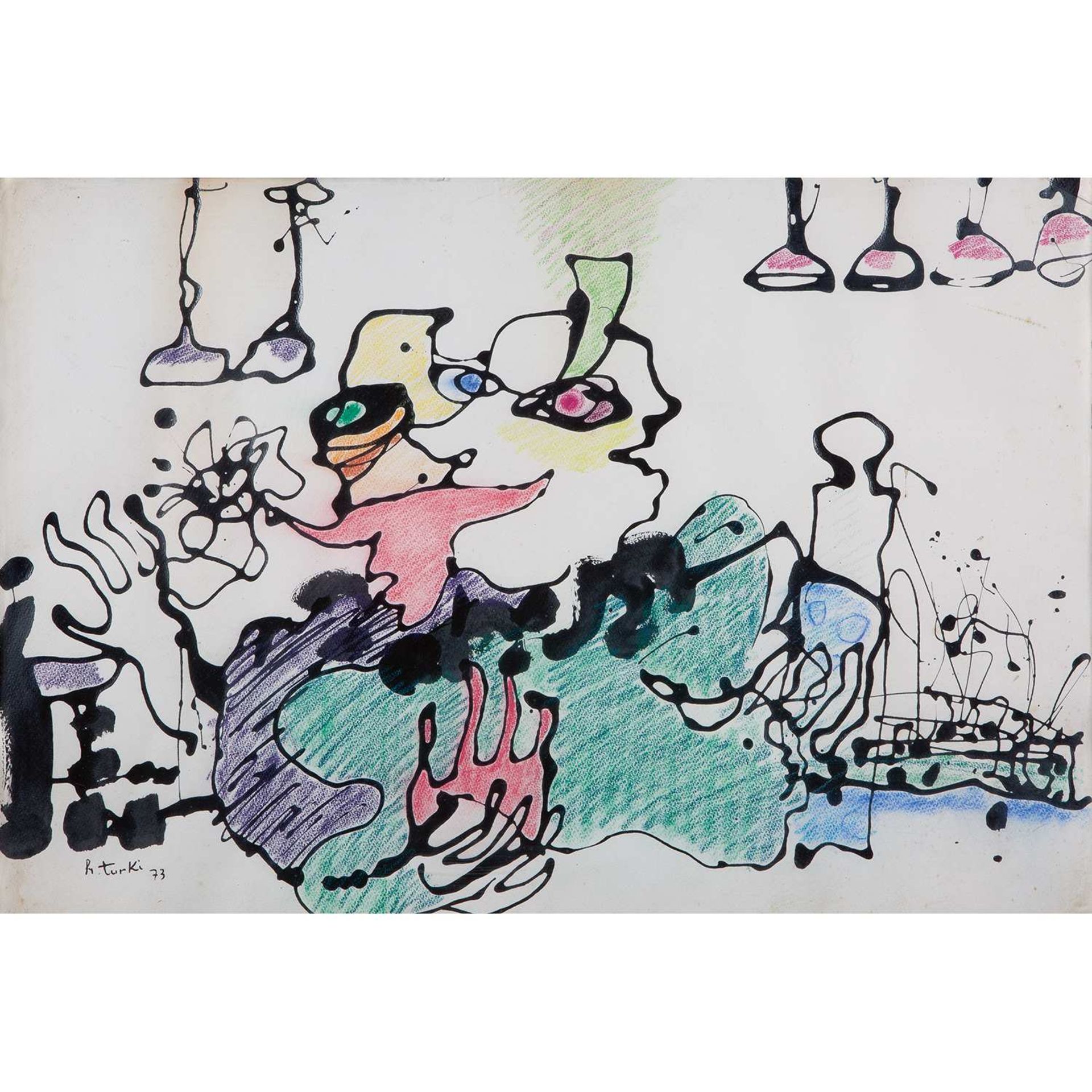 HÉDI TURKI (1922-2019) COMPOSITION COMPOSITION Dessin à l'encre et au pastel de couleurs sur papier,