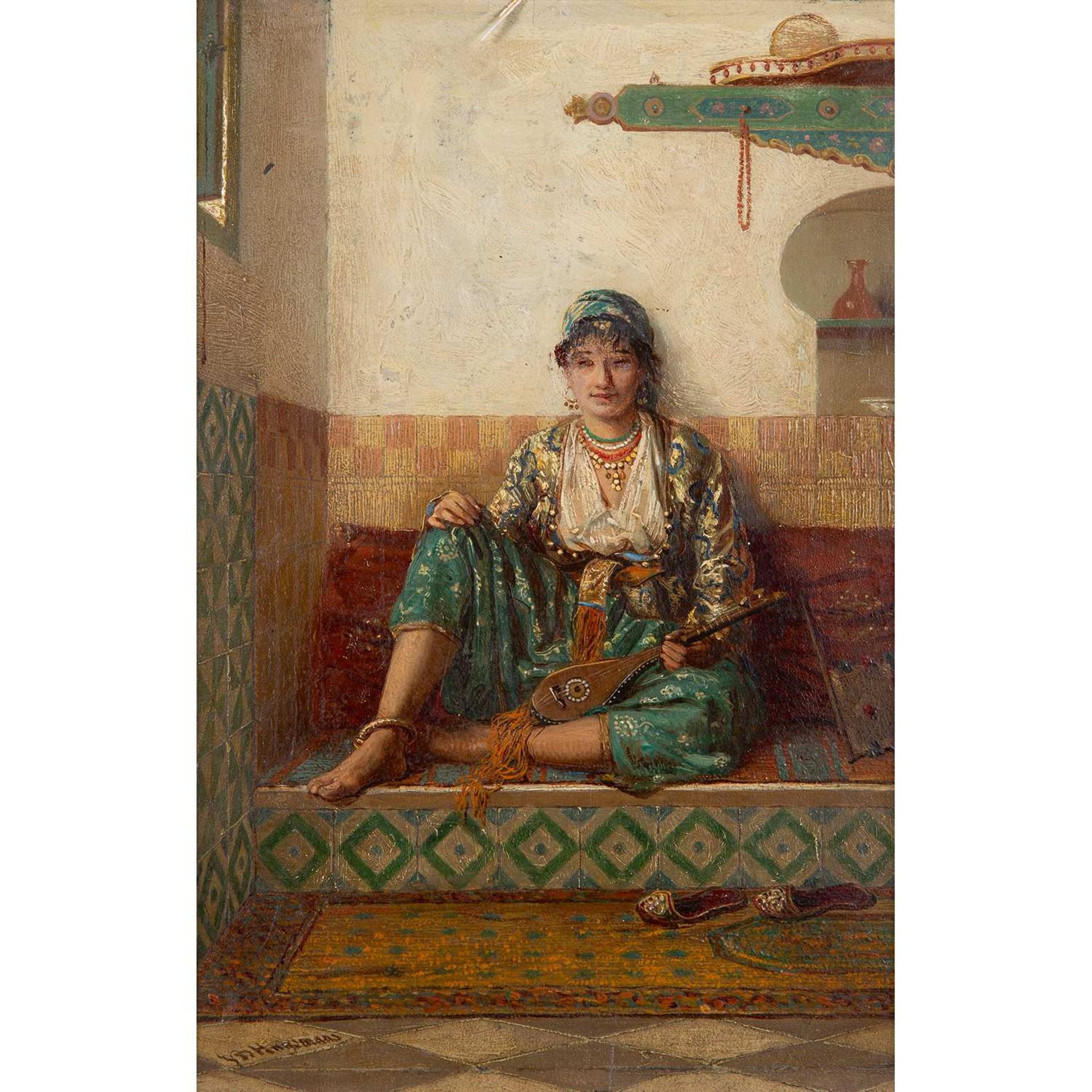 JAN BAPTIST HUYSMANS (1806-1926) JEUNE ALGÉRIENNE ASSISE "ALGERIAN MOORISH LADY" Huile sur