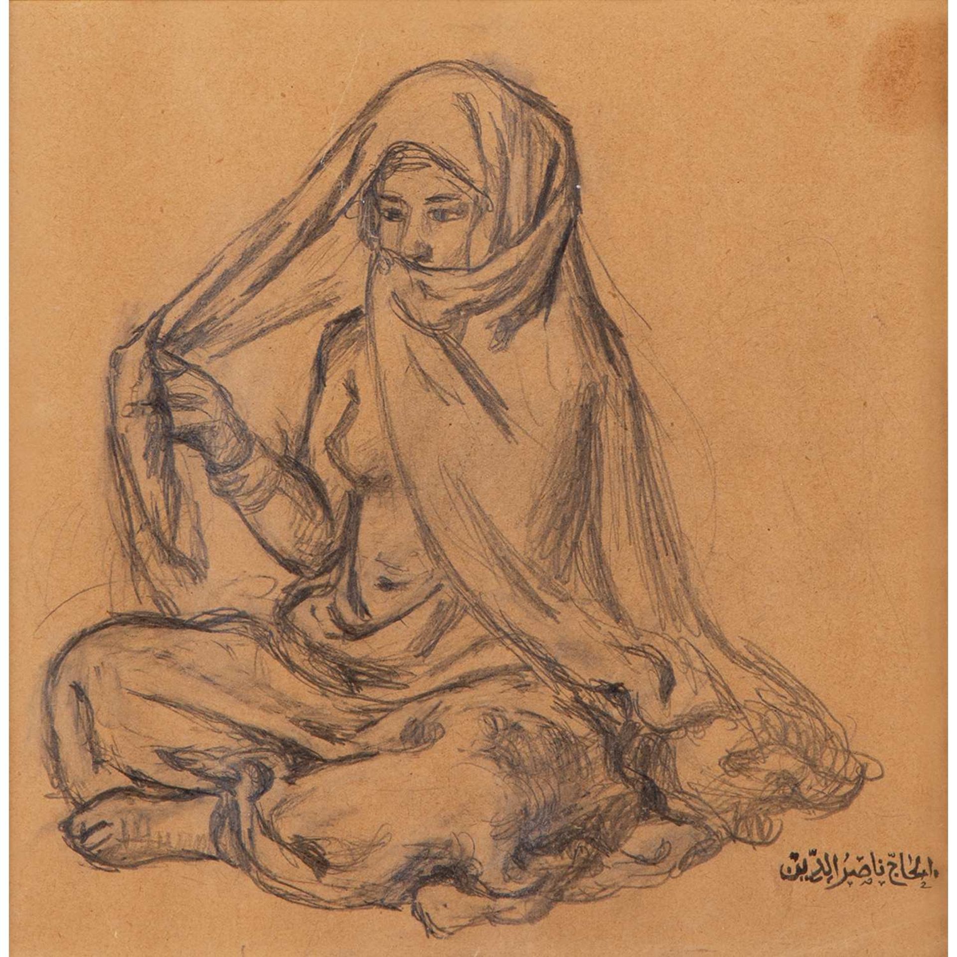 ÉTIENNE DINET (1861-1929) JEUNE FILLE ASSISE AU VOILE YOUNG SEATED GIRL WITH A VEIL Dessin à la mine