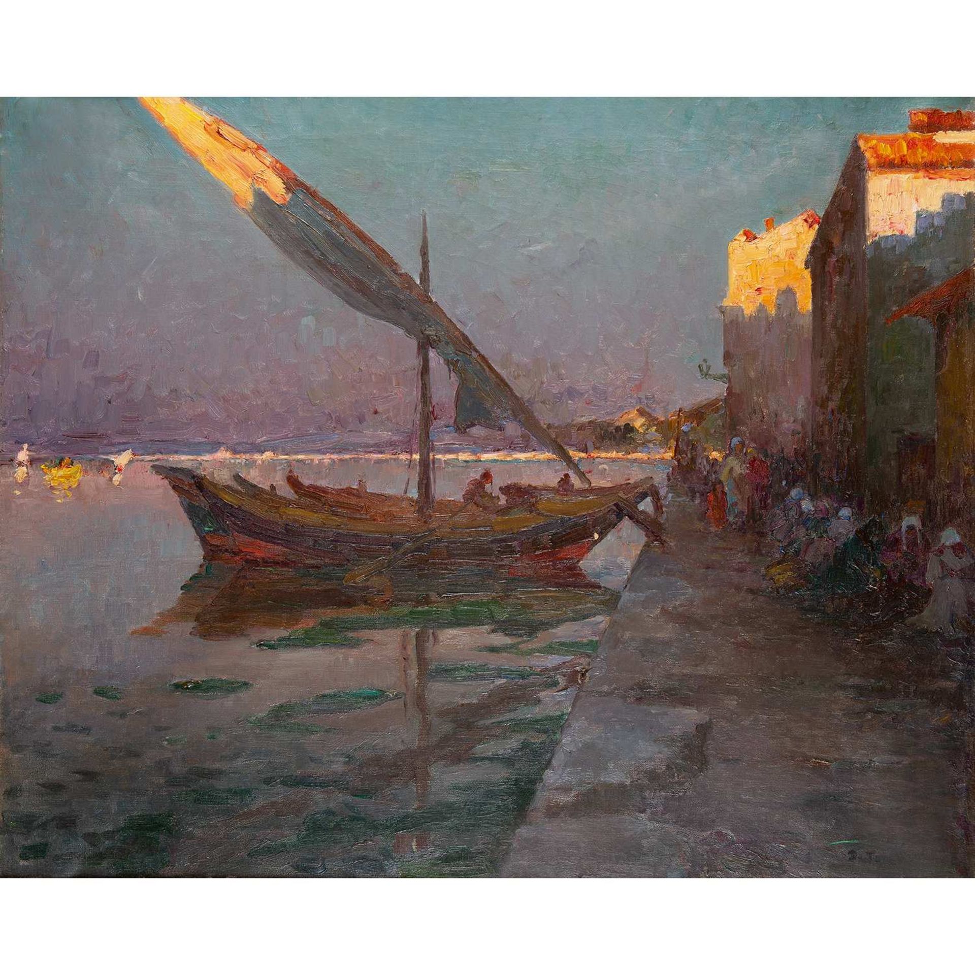 DAVID JUNES (1874-1938) L'ARRIVÉE AU PORT DE PÊCHE ARRIVAL AT THE HARBOUR Huile sur toile, signée en