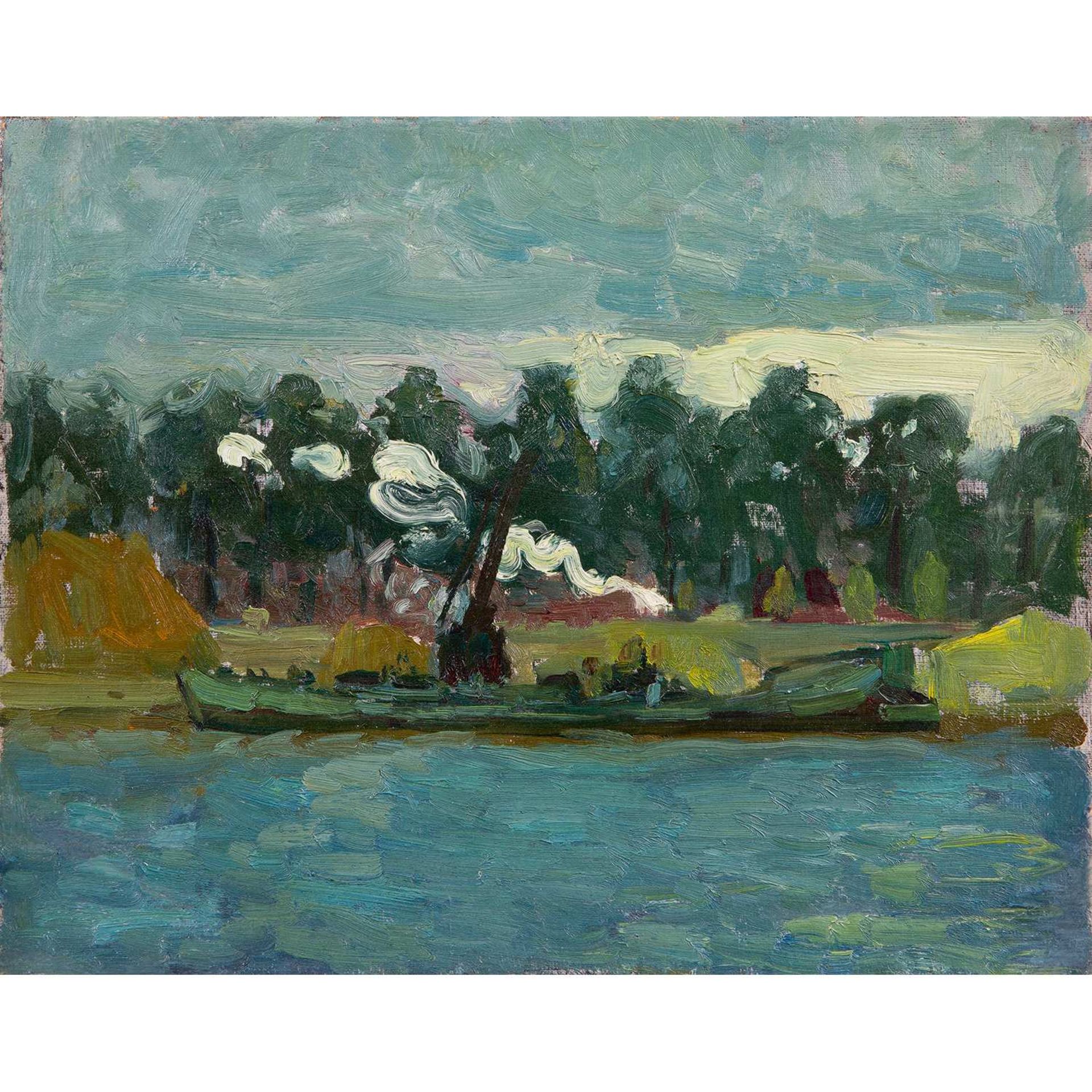 DAVID JUNES (1874-1938) LA PÉNICHE THE BARGE Huile sur toile, signée "D Junes" au dos de la toile.