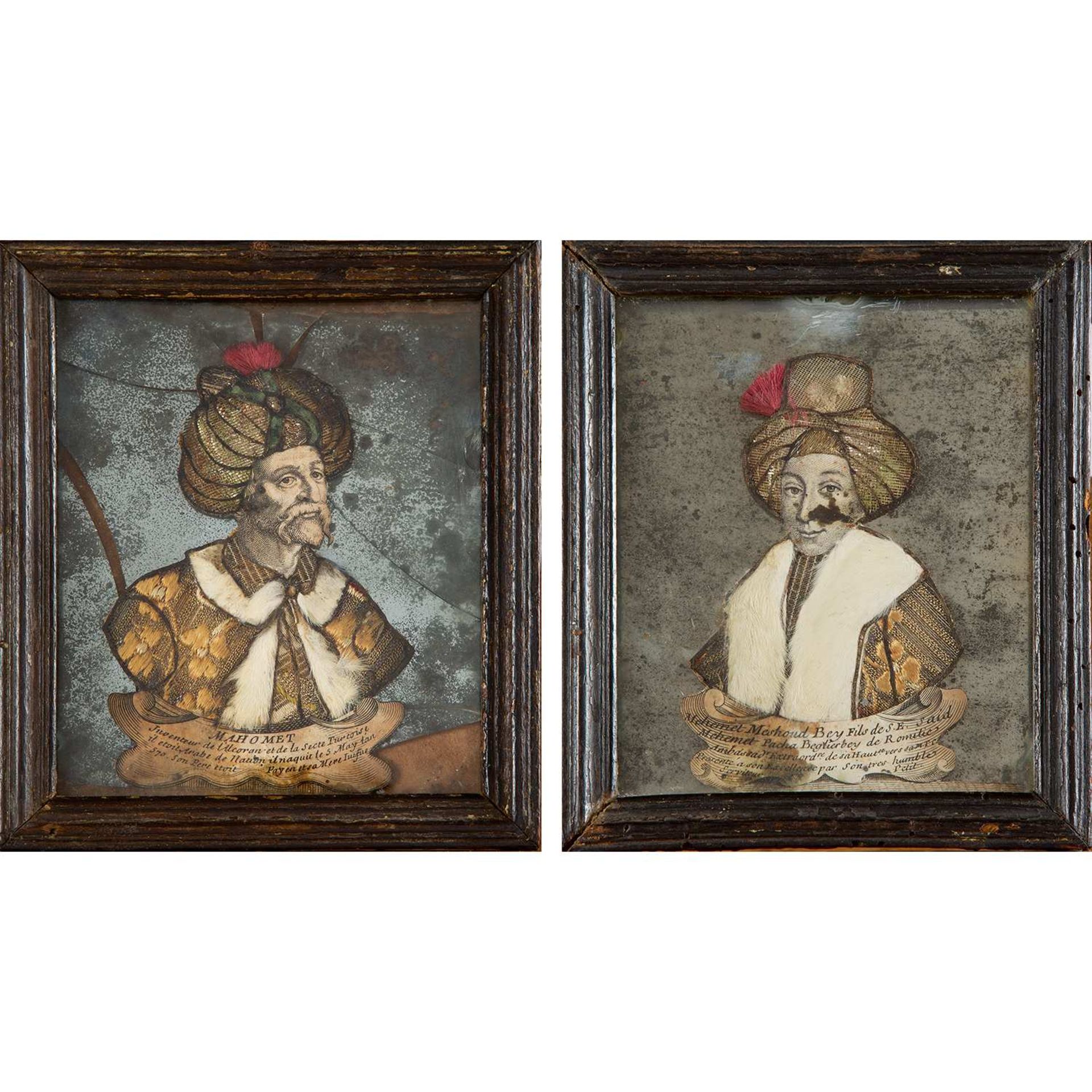 DEUX PORTRAITS D'OTTOMANS SUR MIROIR ÉGLOMISÉ POUVANT FORMER PENDANT Probablement par Gilles E.