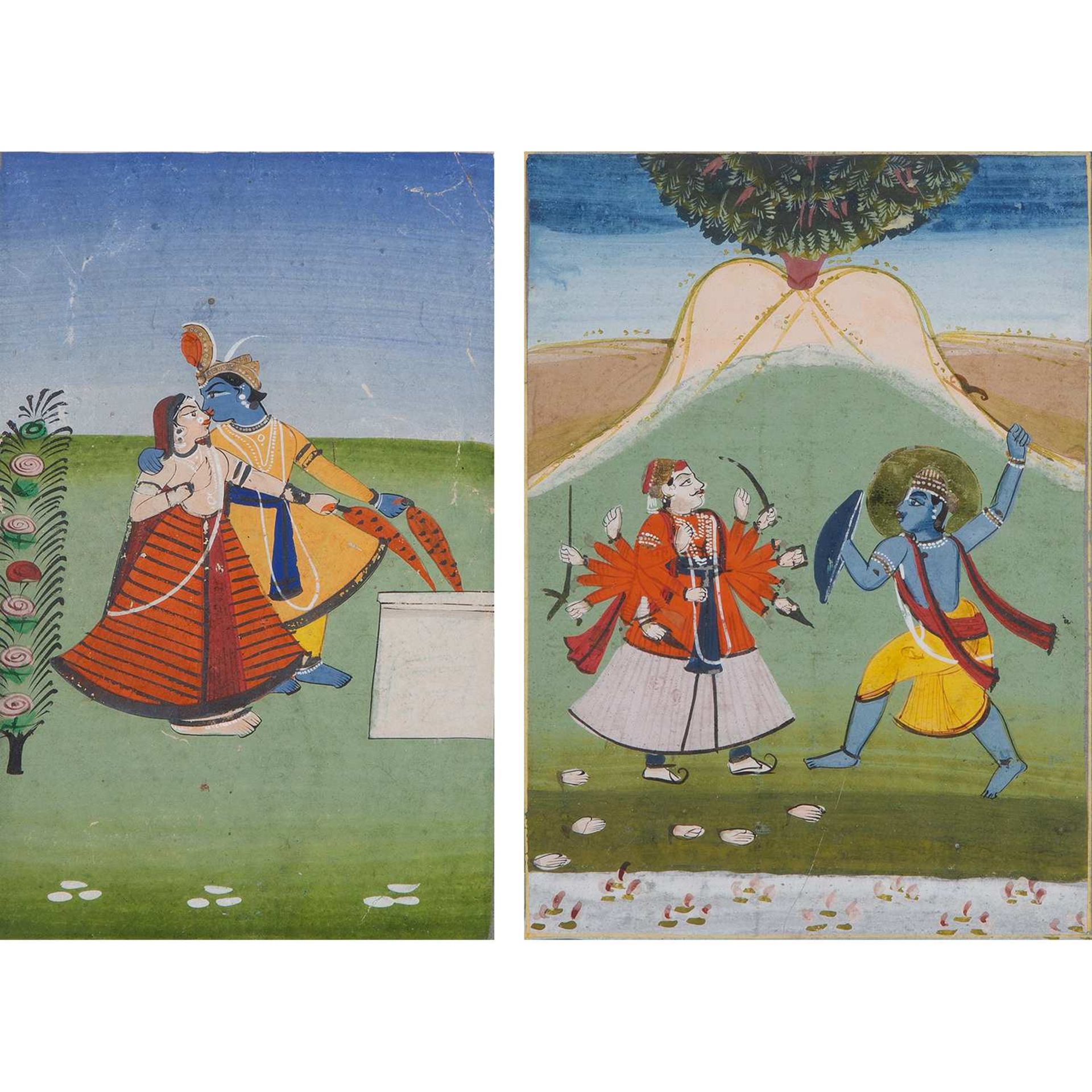 DEUX MINIATURES INDIENNES Encre et gouache sur papier, représentant Krishna et Radha, et Krishna