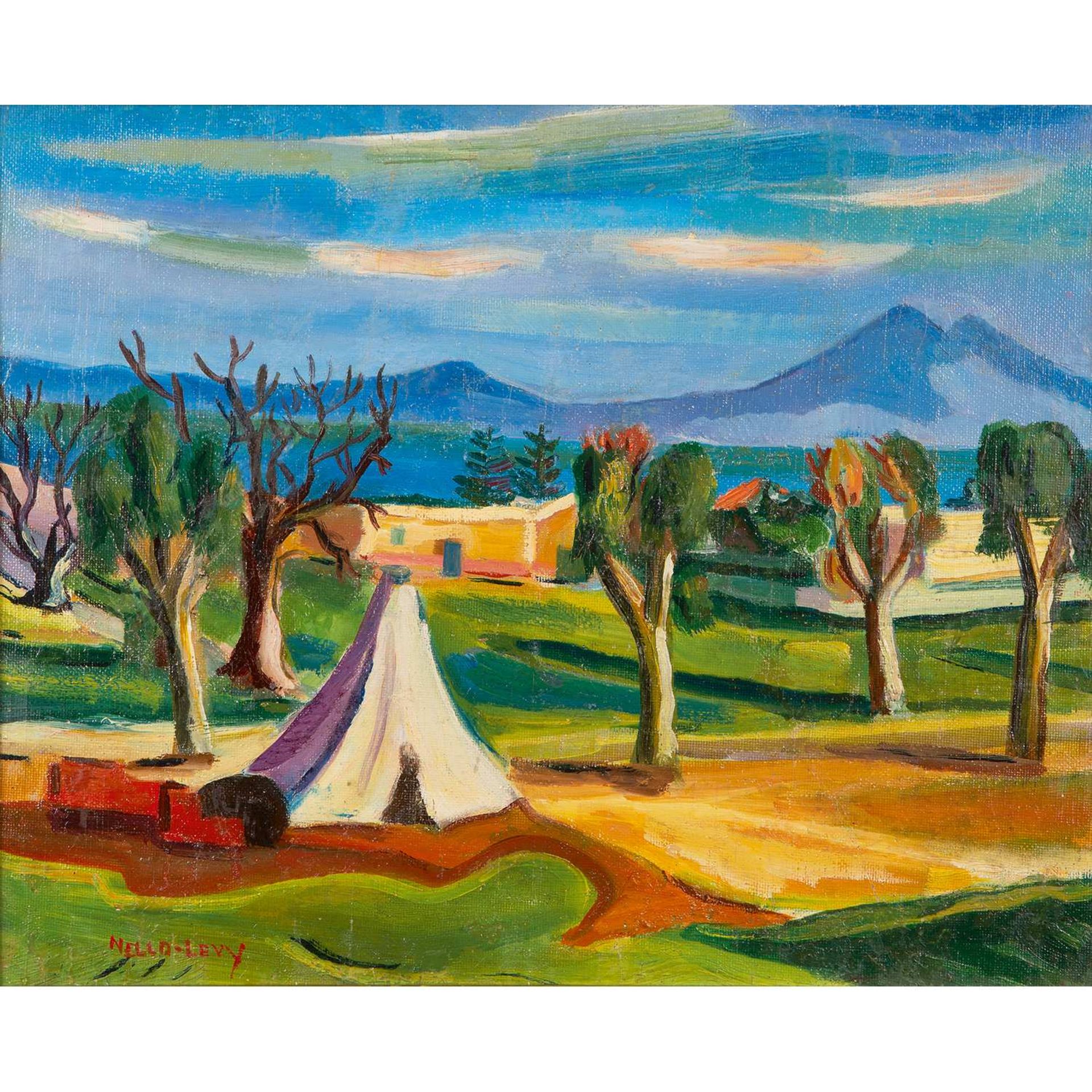 NELLO LÉVY (1921-1992) TENTE DEVANT LE BOUKORNINE TENT IN FRONT OF THE BOUKORNINE Huile sur toile,