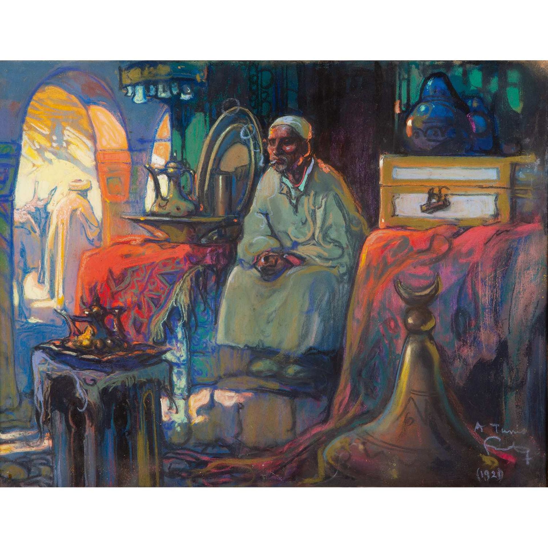 LOUIS FORTUNEY (1875-1951) MARCHAND DANS LE SOUK DE TUNIS MERCHANT IN TUNIS Pastel, signé, situé