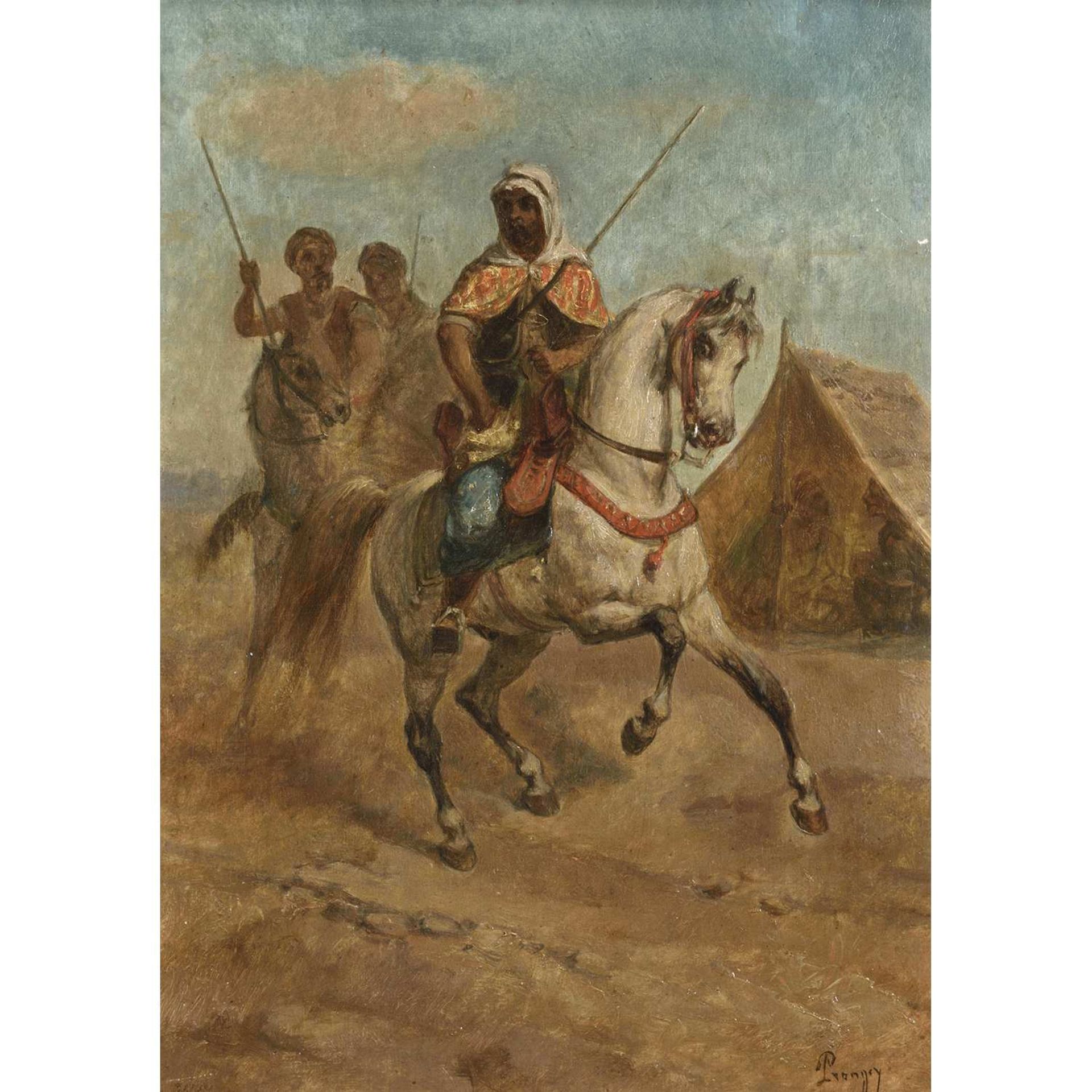 ÉMILE PRANGEY (NÉ EN 1832) CAVALIERS ARABES ARAB HORSEMEN Huile sur panneau, signée en bas à droite.