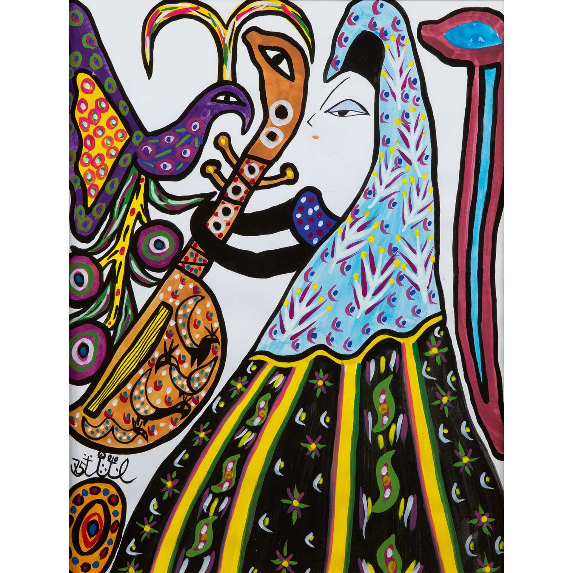 BAYA MAHIEDDINE (FATMA HADDAD) (1931-1998) ÉCOLE ALGÉRIENNE MUSICIENNE À L’OISEAU MUSICIAN GIRL WITH