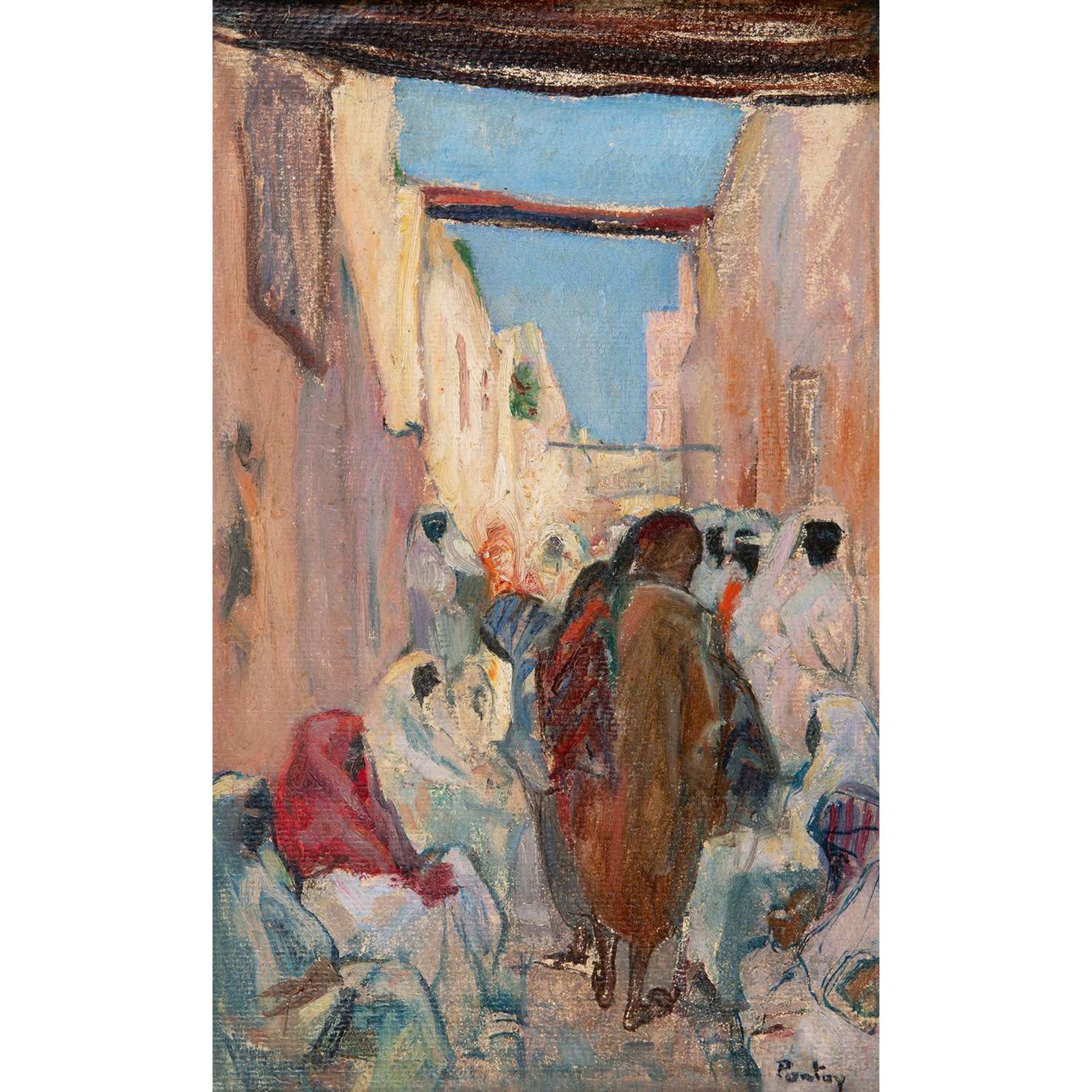 HENRI PONTOY (1888-1968) RÉUNION DANS LE SOUK MEETING IN THE SOUK Huile sur papier, appuyée sur