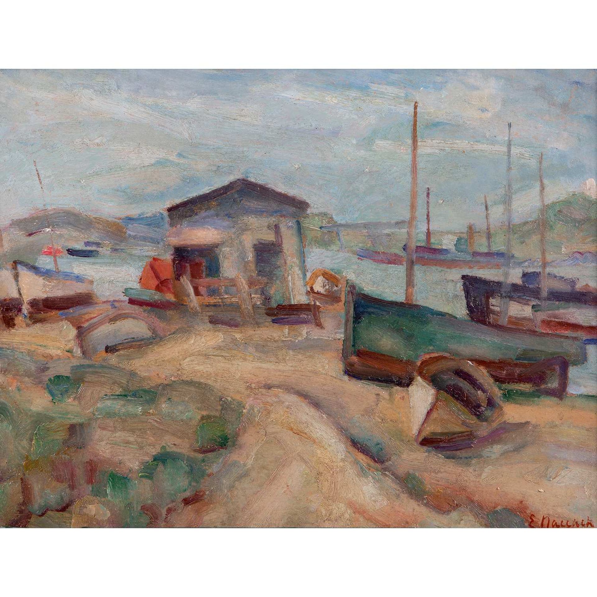 EDGARD NACCACHE (1917-2006) BARQUES ET BATEAUX BOATS AND BARGES Huile sur toile, signée en bas à