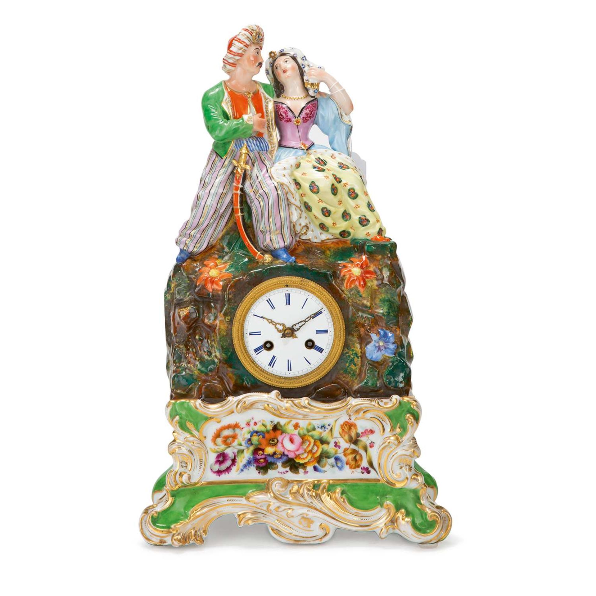 "LA FIANCÉe D'ABYDOS" PENDULE en porcelaine polychrome, représentant le célèbre couple, Zuleica,