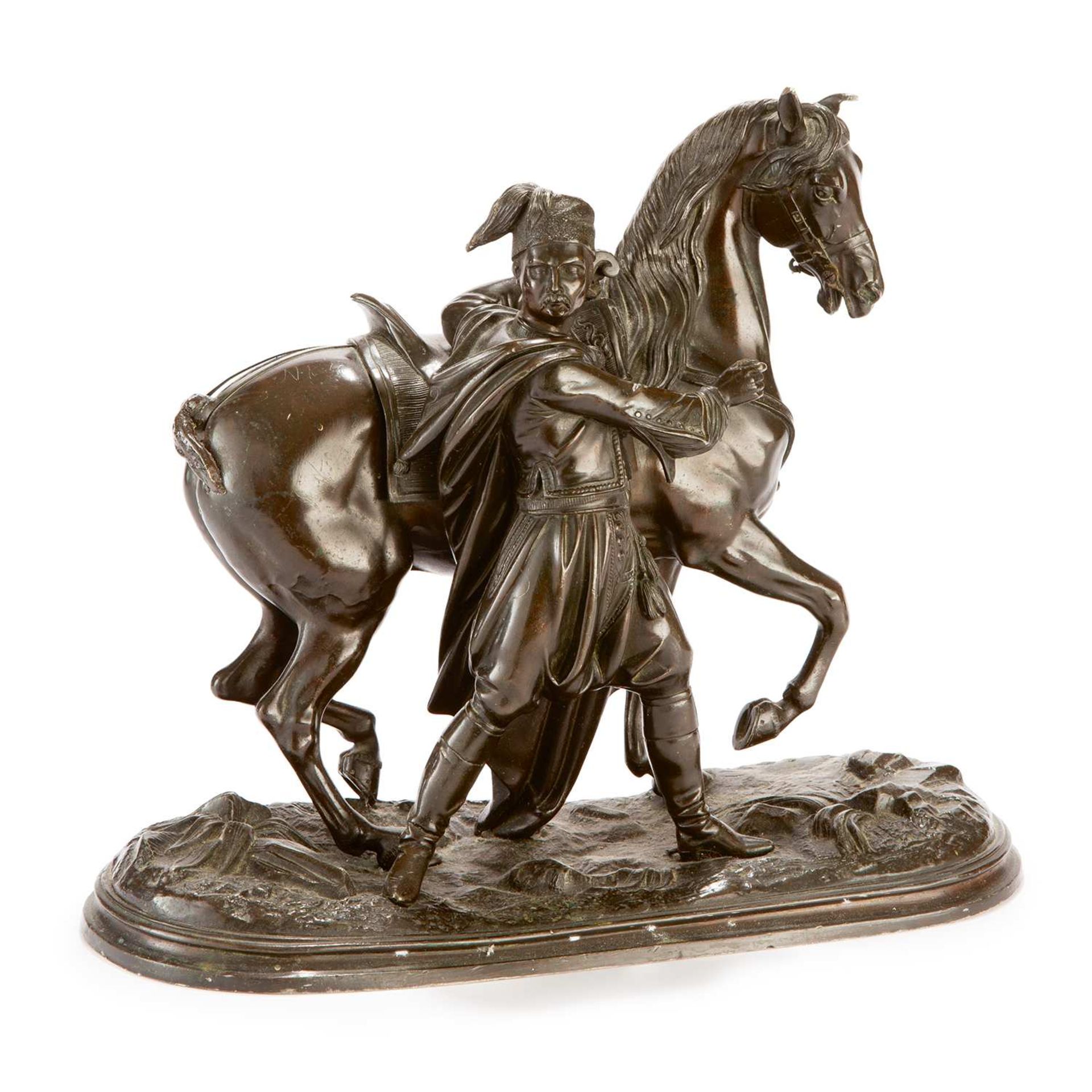 ÉCOLE ORIENTALISTE (XIXE SIÈCLE) CAVALIER DEVANT SA MONTURE Rider and his horse Épreuve en régule