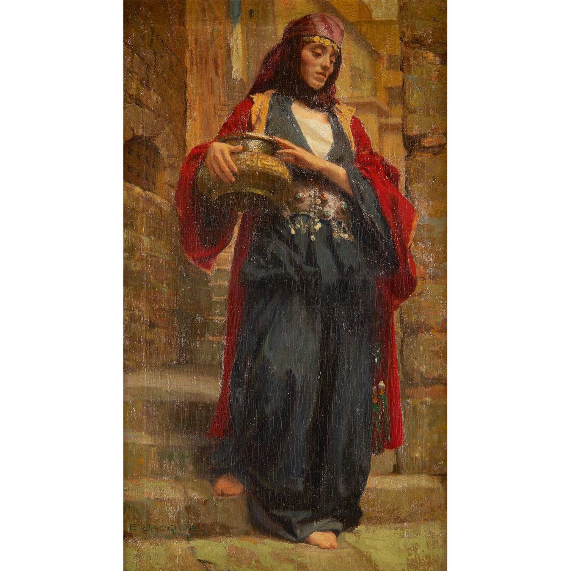 ÉMILE JACQUES (1848-1912) JEUNE FEMME AU BASSIN TÂS ORIENTAL GIRL WITH A TÂS Huile sur toile, signée