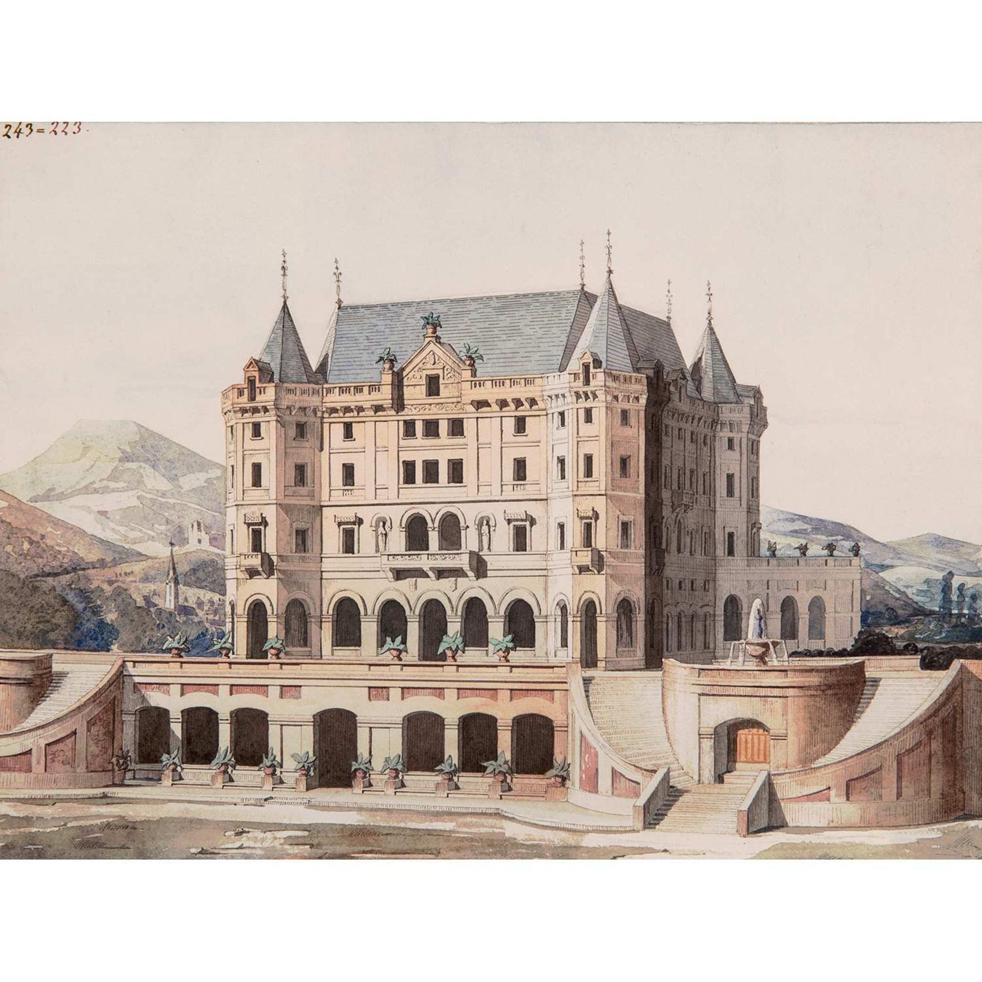 Attribué à Eugène Viollet-le-Duc (Paris, 1814- Lausanne, 1879) Projet de château Aquarelle Annotée