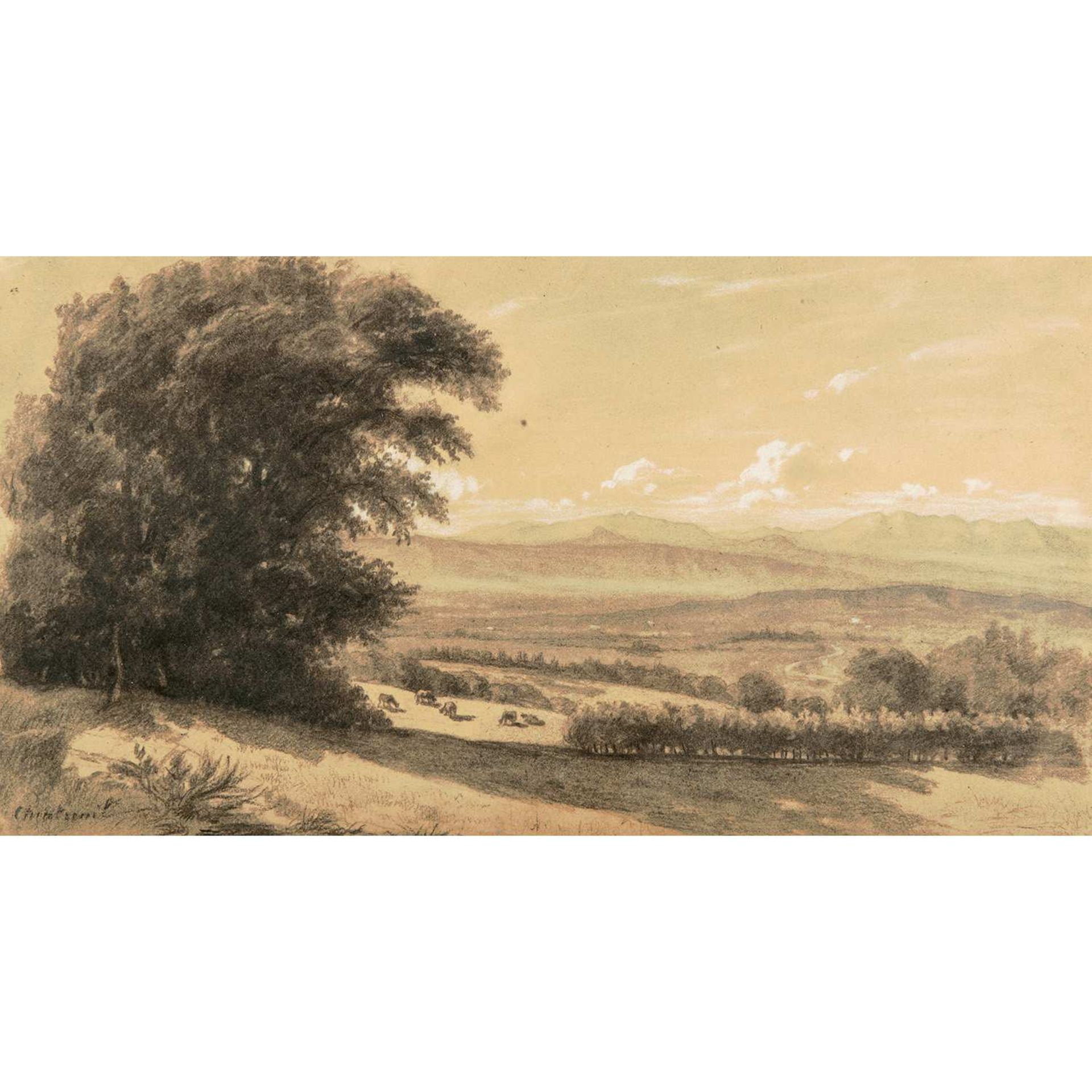 ƒ Antoine CHINTREUIL (1814-Septeuil, 1873) Paysage montagneux animé de vaches Crayon noir et rehauts