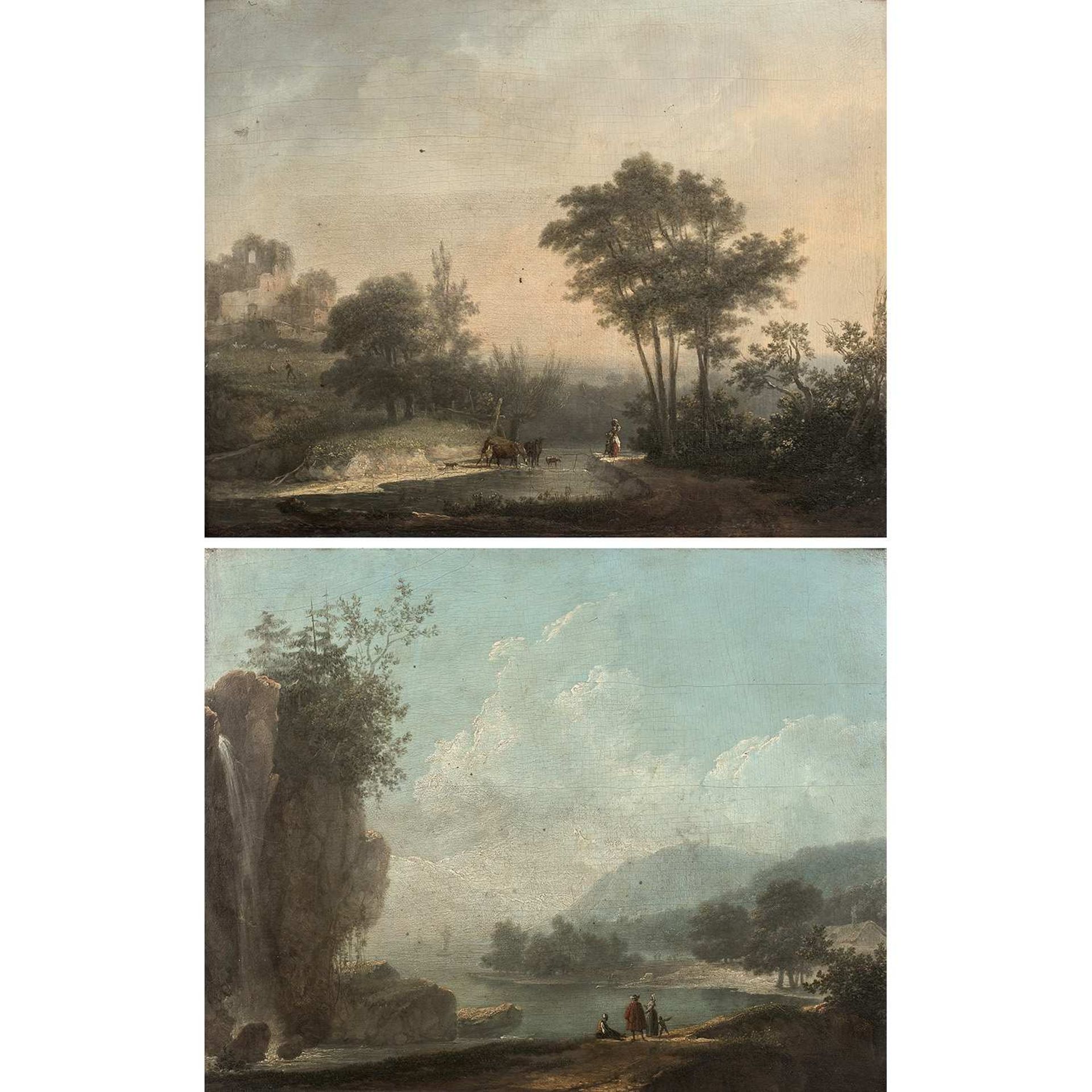 Attribué à Simon-Mathurin LANTARA (1729-1778) Paysages animés Paire de panneaux de noyer filassés et