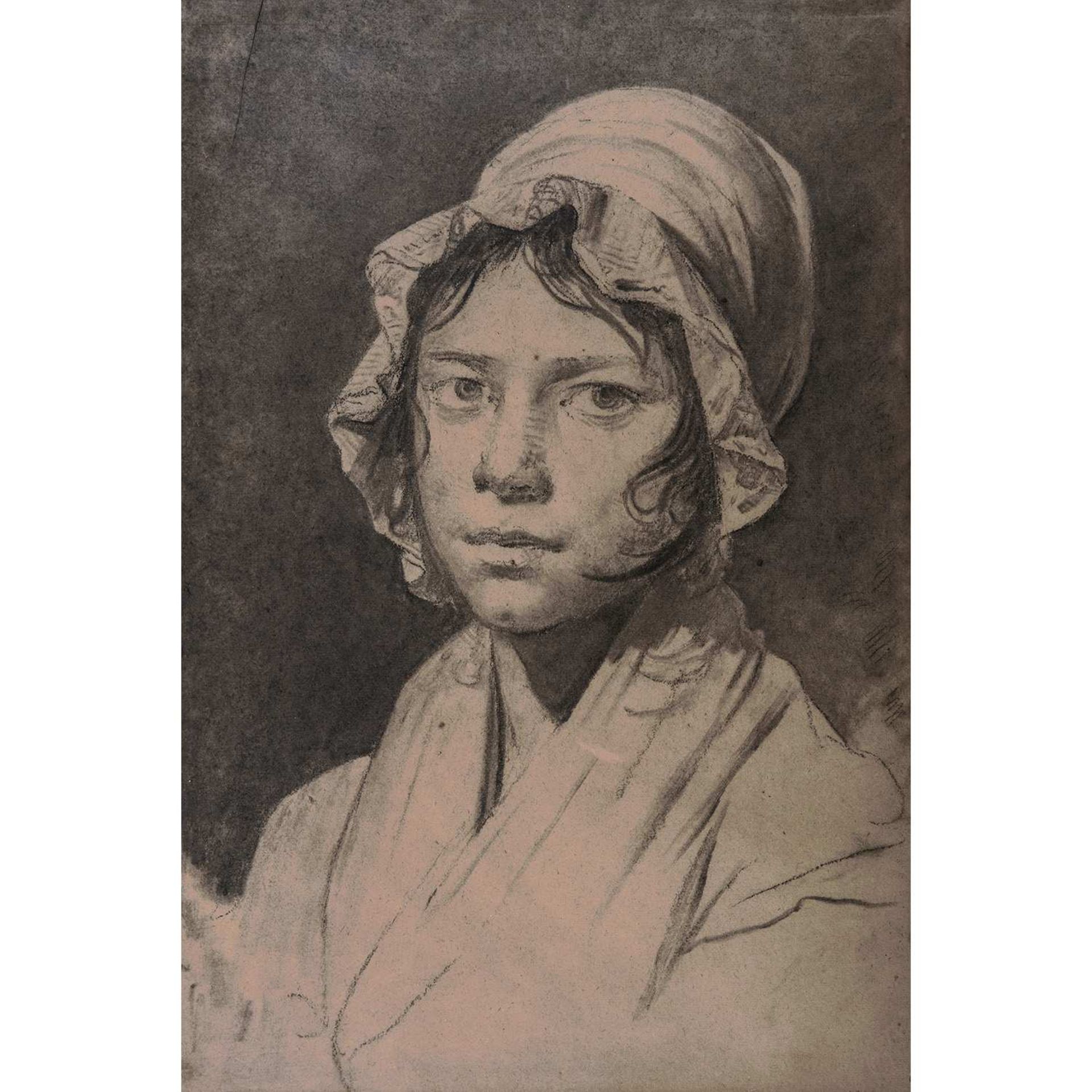 Martin DROLLING (1752-Paris, 1817) Portrait de jeune femme au bonnet vue en buste Fusain et