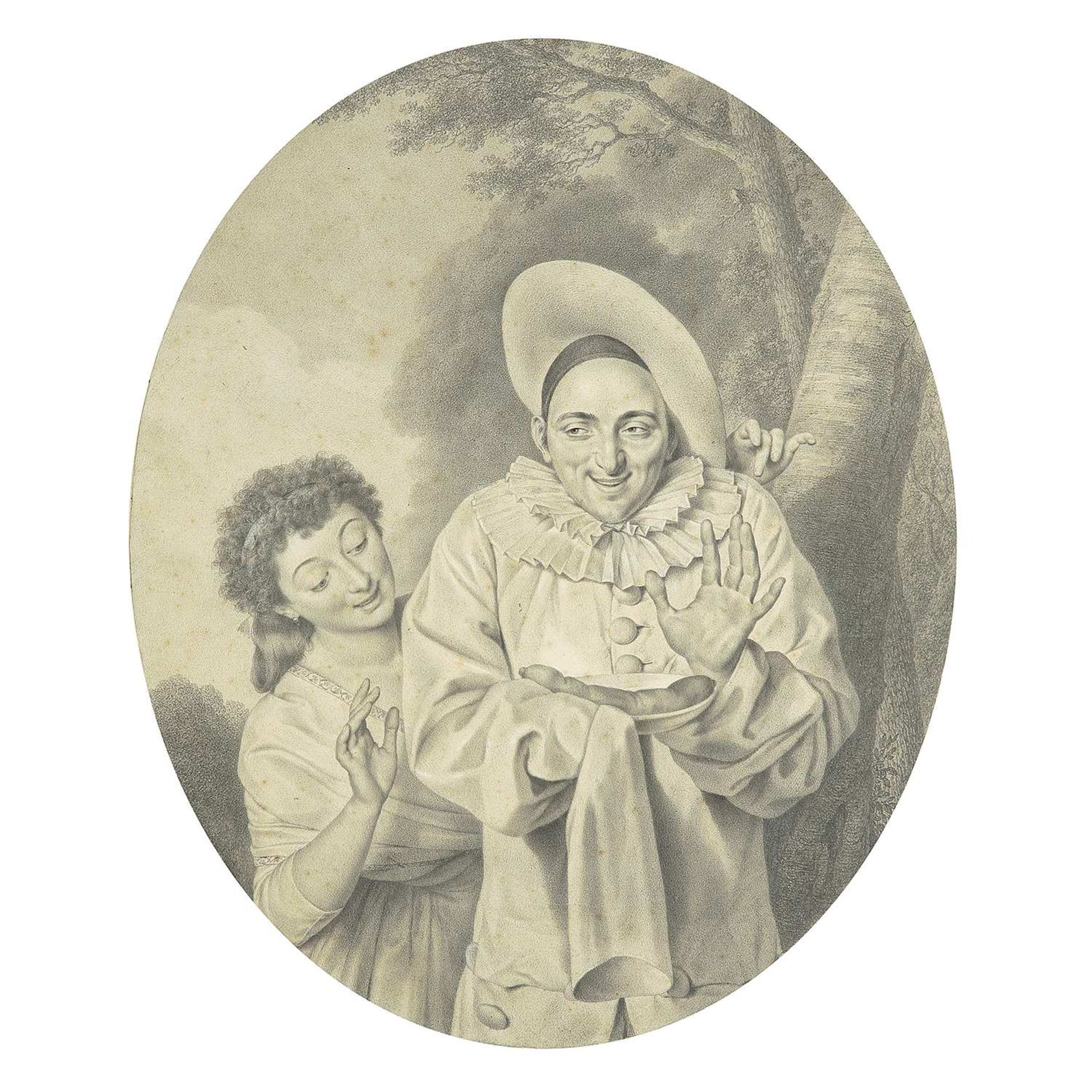 attribué à Louis-Marie SICARDI (1746-1825) Pierrot et Colombine Crayon noir et estompe, ovale