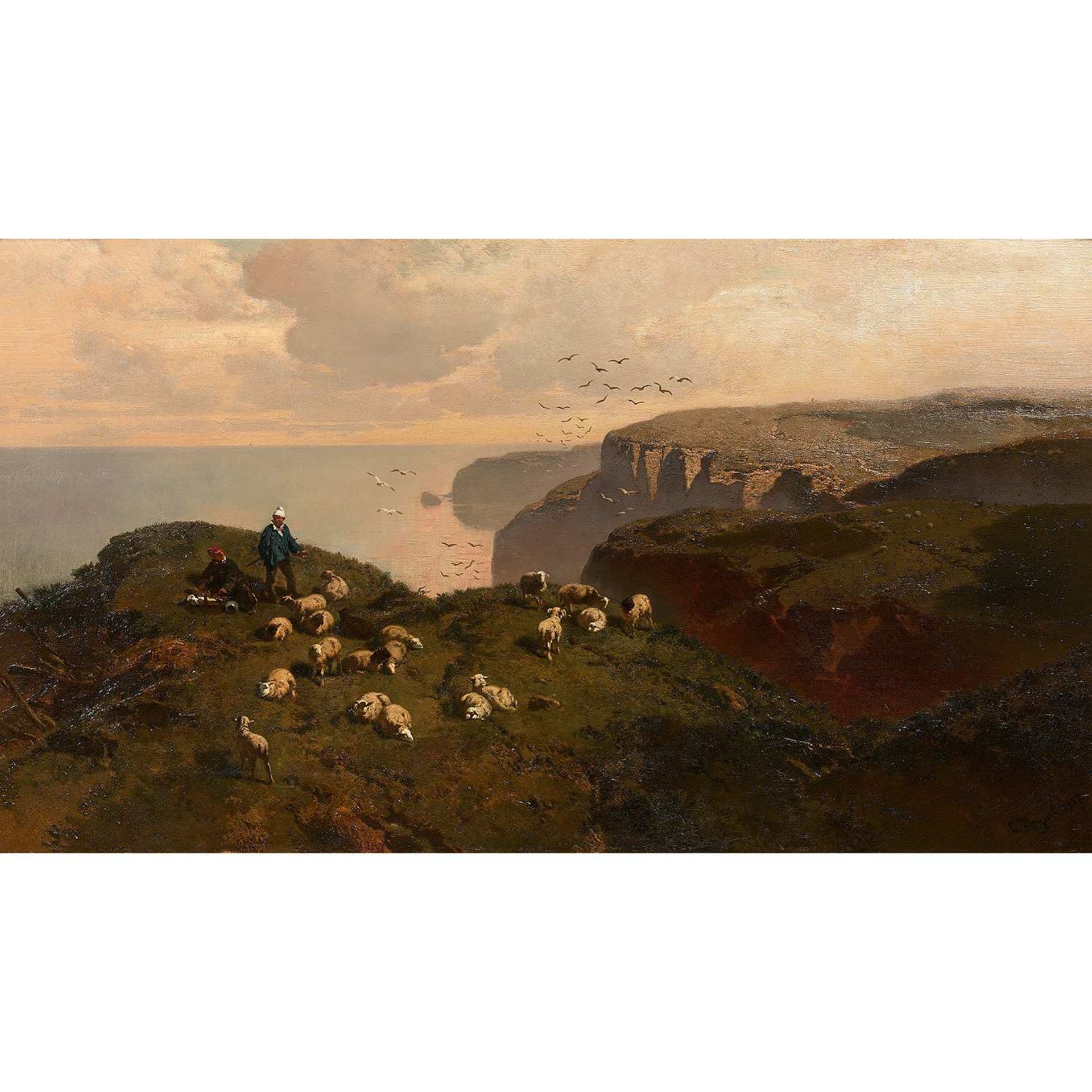 Charles HOGUET (Berlin 1821-1870) Paysage en bord de falaises (Étretat) Toile Signée et datée en bas