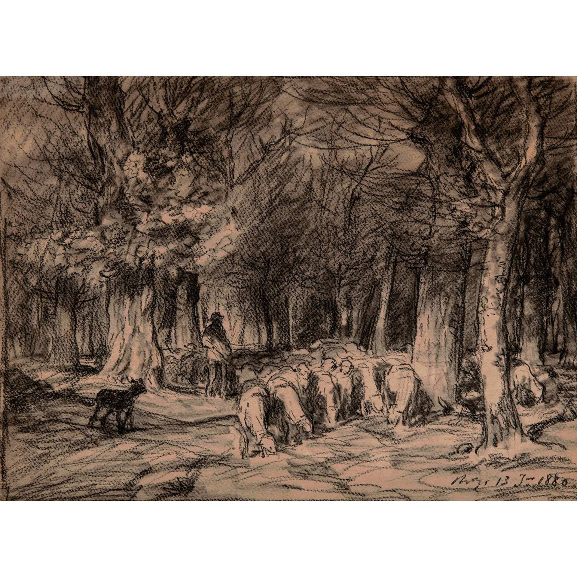 ƒ Charles Jacque (1813-1894) Berger, son chien et son troupeau, en forêt de Fontainebleau Crayon