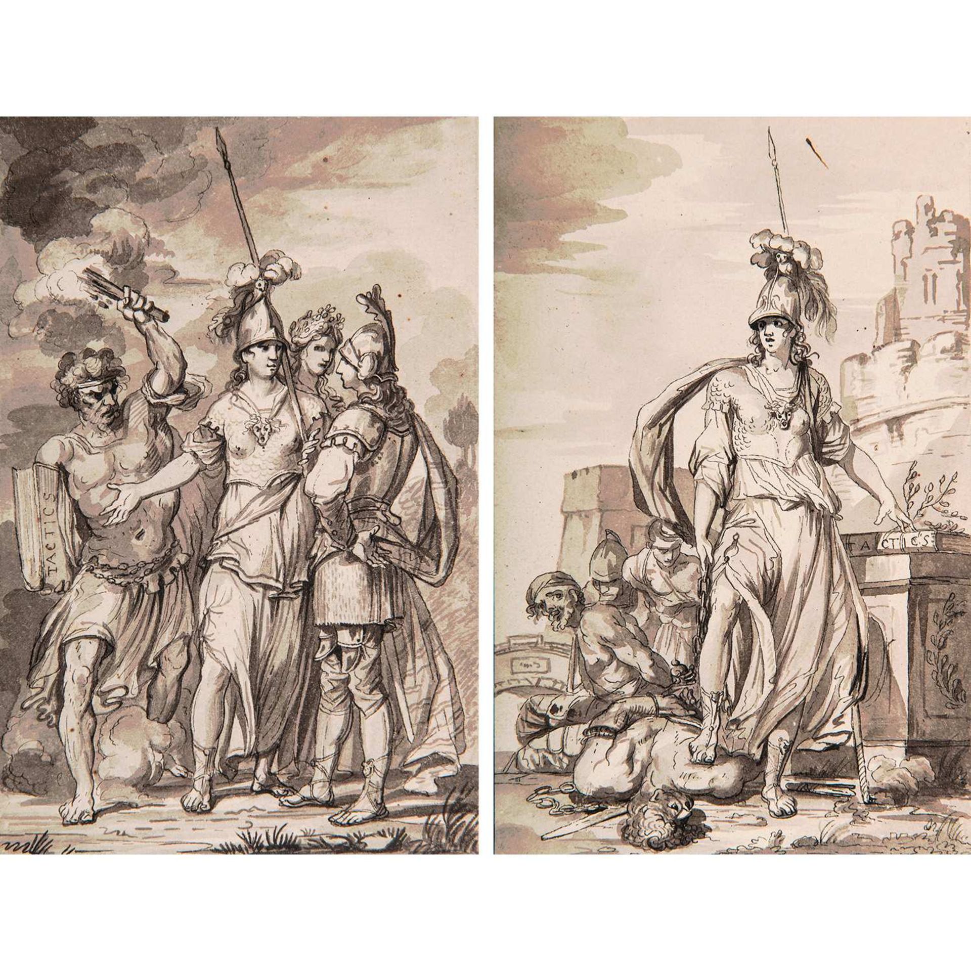 École anglaise vers 1800 La Victoire d'Athéna Paire de dessins Encre noire, lavis gris Manques