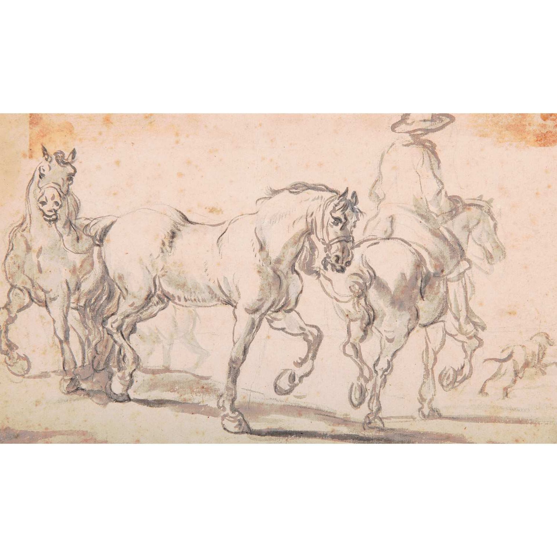 Attribué à Pieter van BLOEMEN (Anvers, 1657-1720) Cavalier tirant deux chevaux Crayon noir, lavis