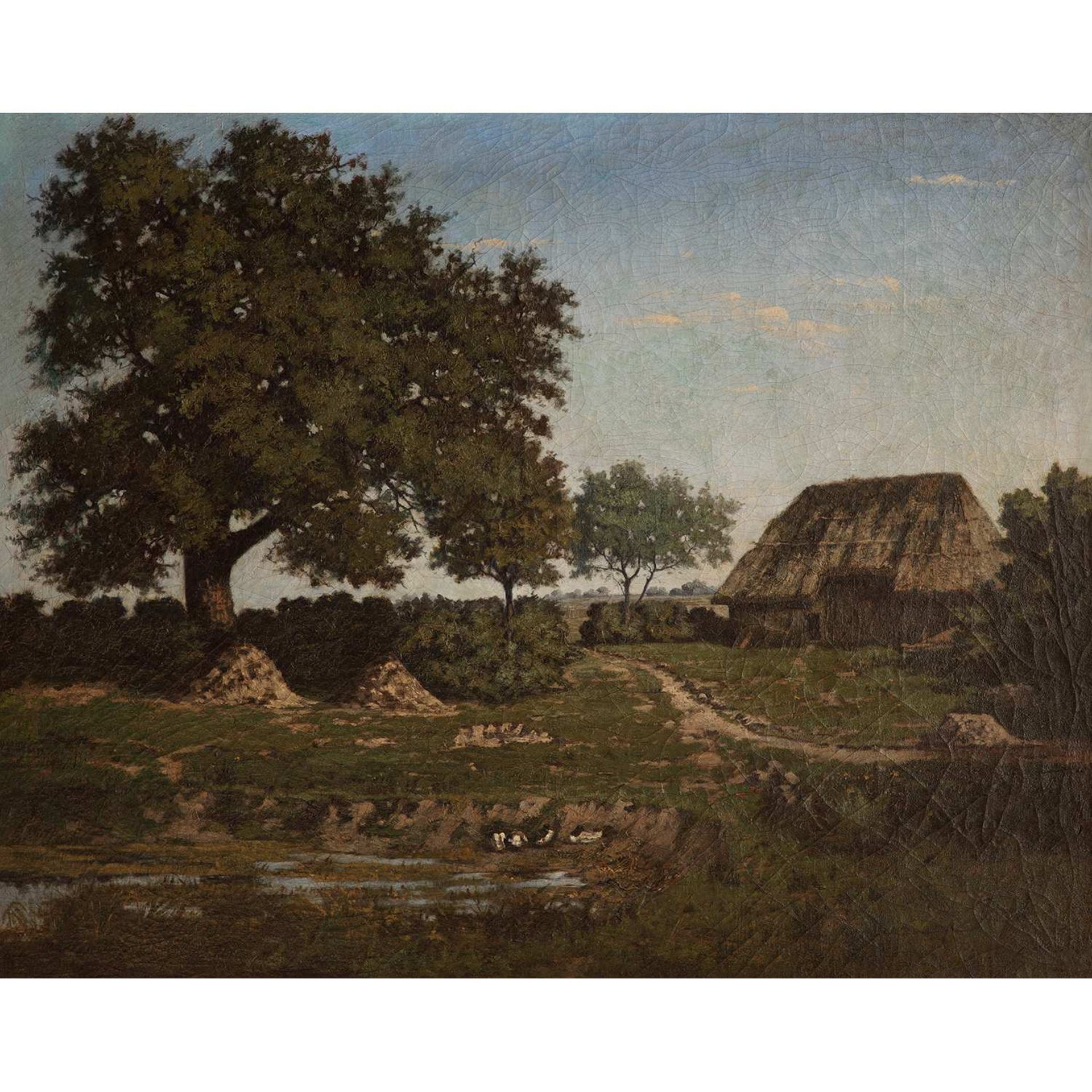 PIERRE EMMANUEL DAMOYE (PARIS, 1847-1916) PAYSAGE A LA CHAUMIÈRE Toile Signée en bas à droite: E.