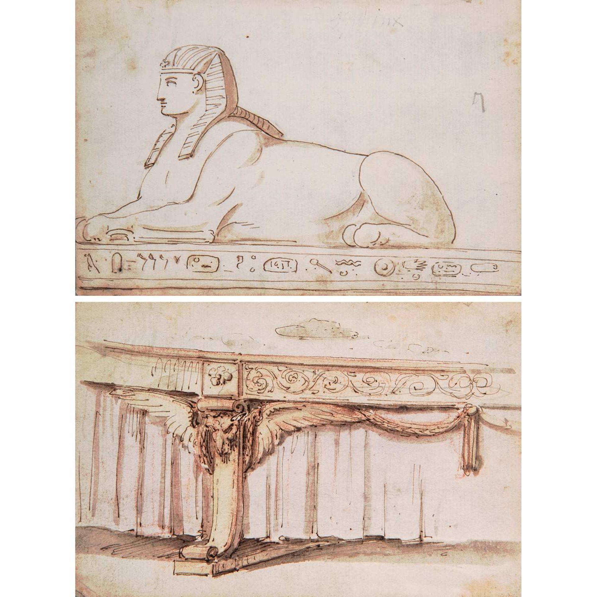 École française de la fin du XVIIIesiècle Étude de sphinge et console de style Empire Deux dessins