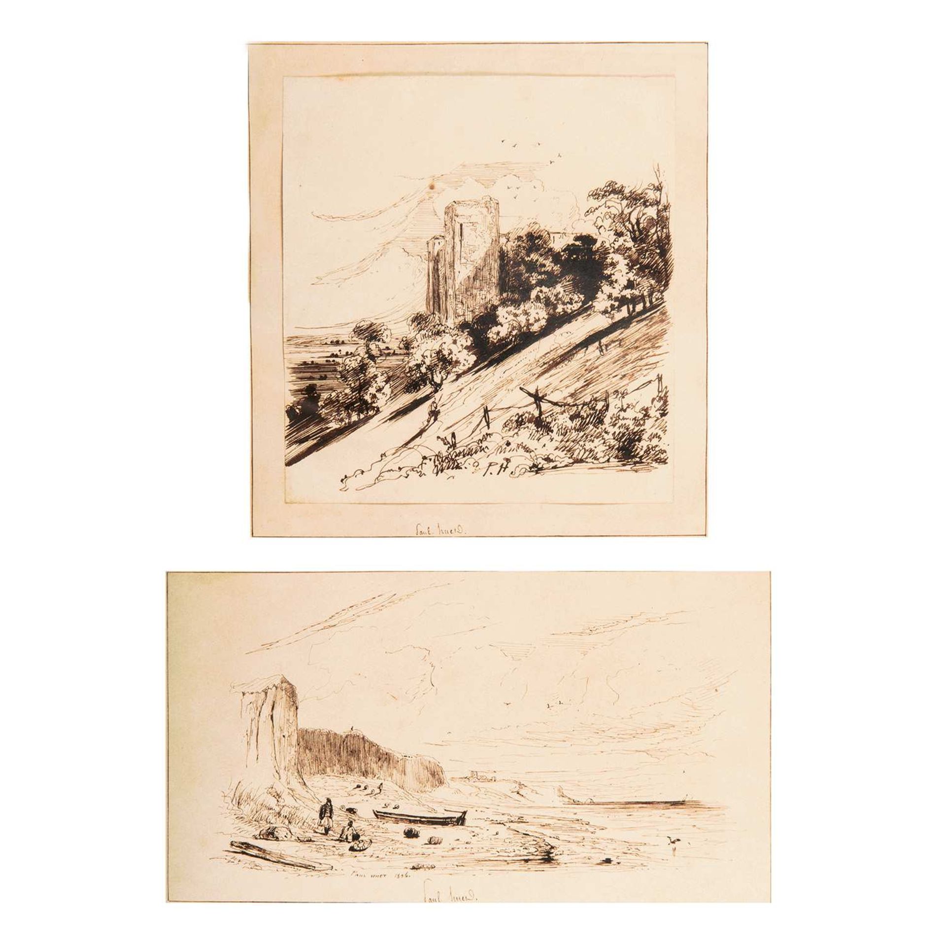 ƒ Paul HUET (Paris, 1803-1869) Falaises en Normandie et Château de Falaise Deux dessins dans un