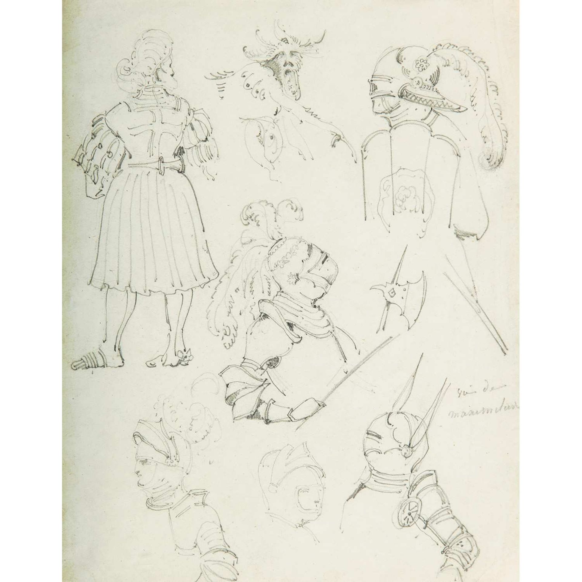 Attribué à Eugène DELACROIX (1798-1863) Étude d'armures, de soldats et de grotesques Crayon noir