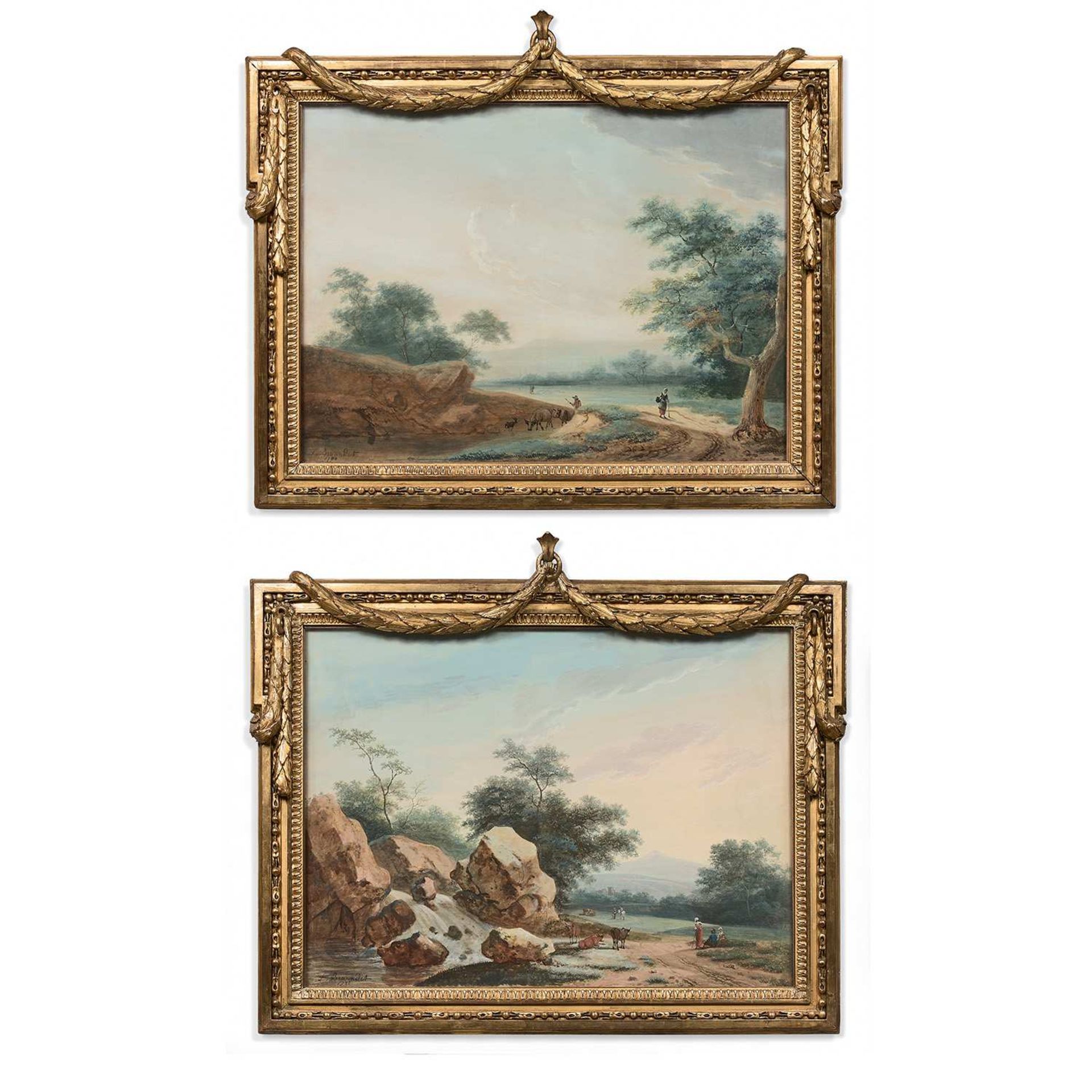 Lazare Bruandet (1754-1804) Paysages rocailleux animés de bergers Paire de gouaches Signées L.