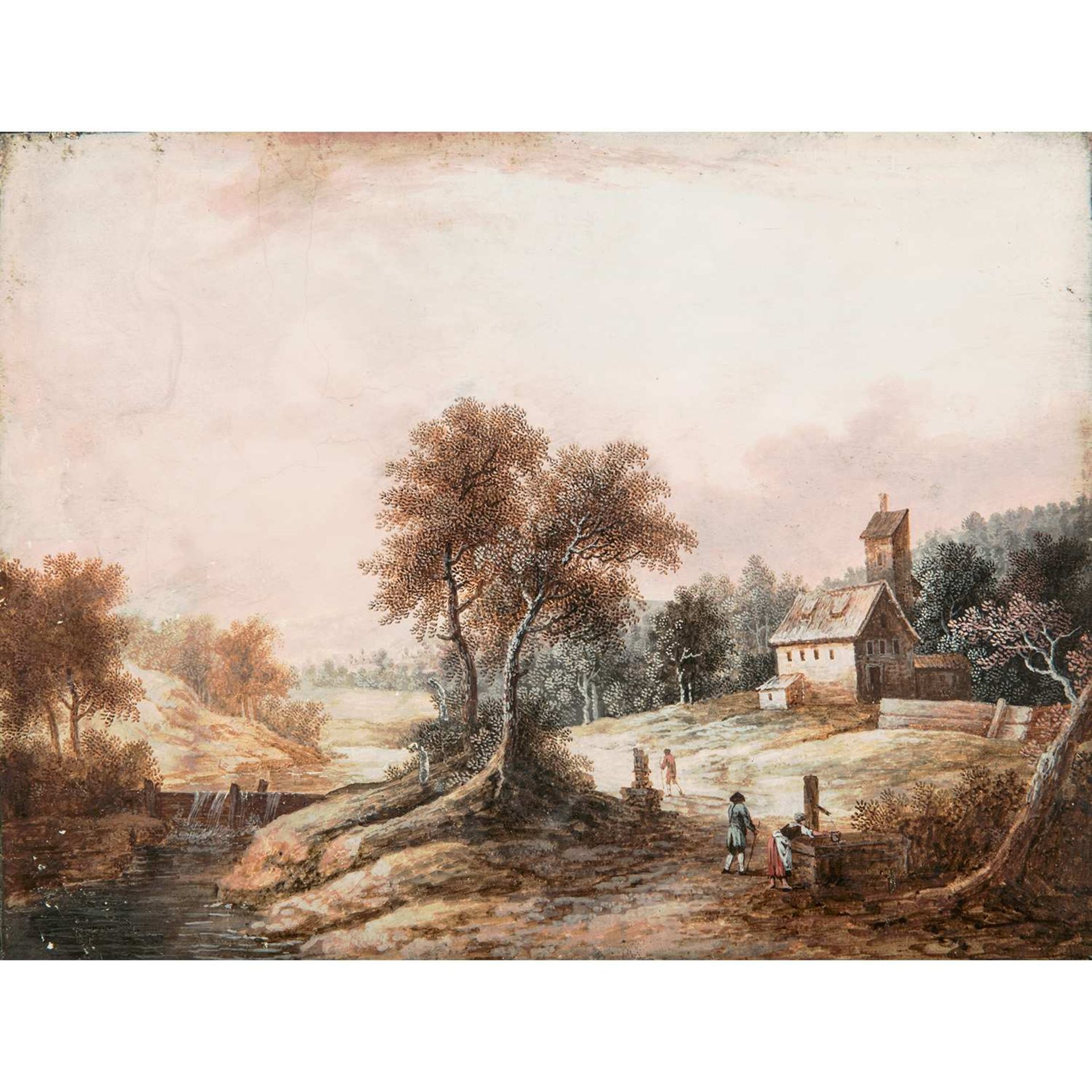 Attribué à Johann Christoph DIETZSCH (Nuremberg, 1710-1769) Paysage avec hameau et rivière, animé de