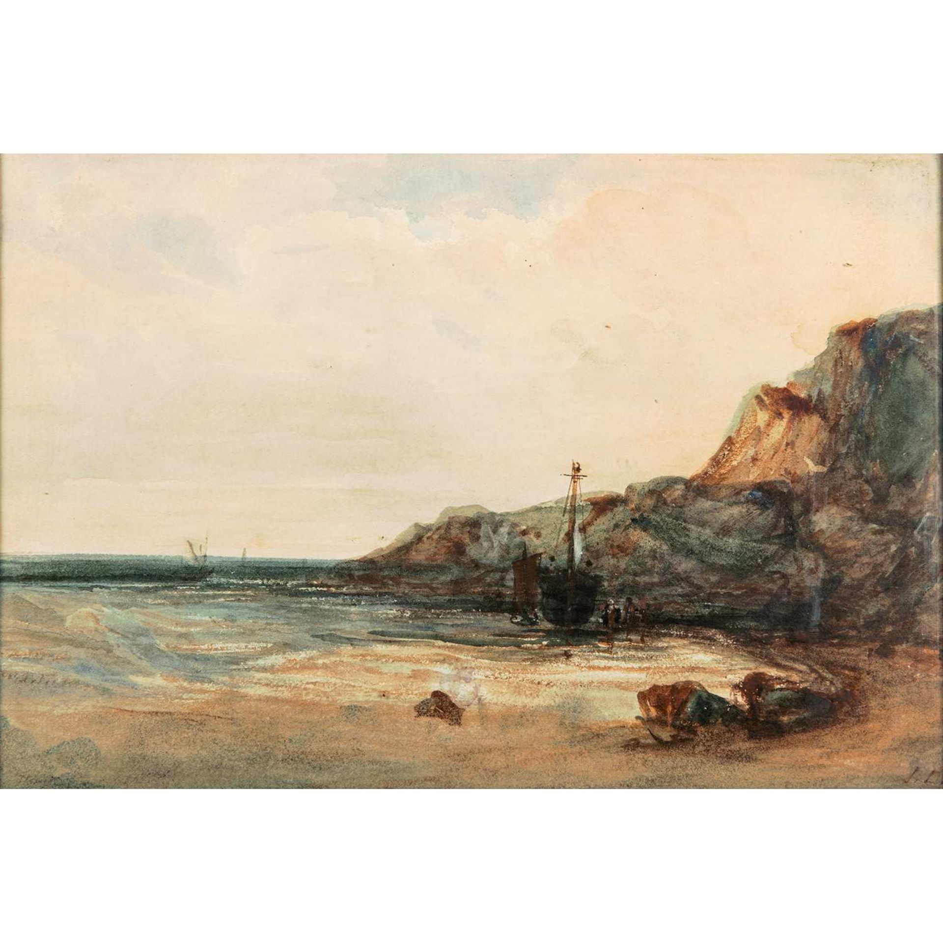 ƒ Jules DUPRÉ (Nantes, 1811- L'Isle-Adam, 1889) Paysage côtier Aquarelle Monogramme en bas à