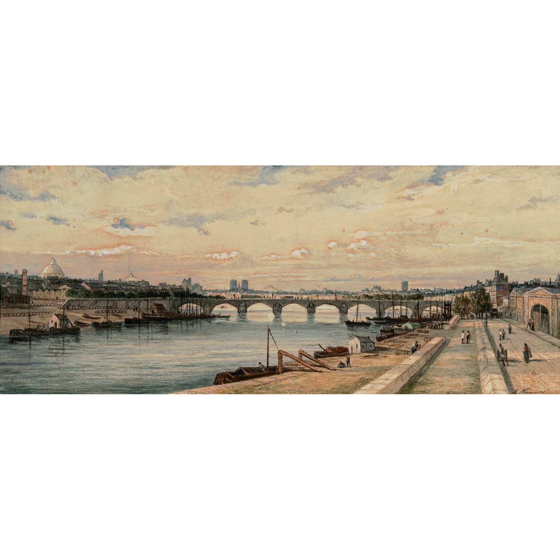 Auguste NUMANS (Bruxelles, 1823-) Vue de Paris et des quais de Seine Gouache et aquarelle Signé en