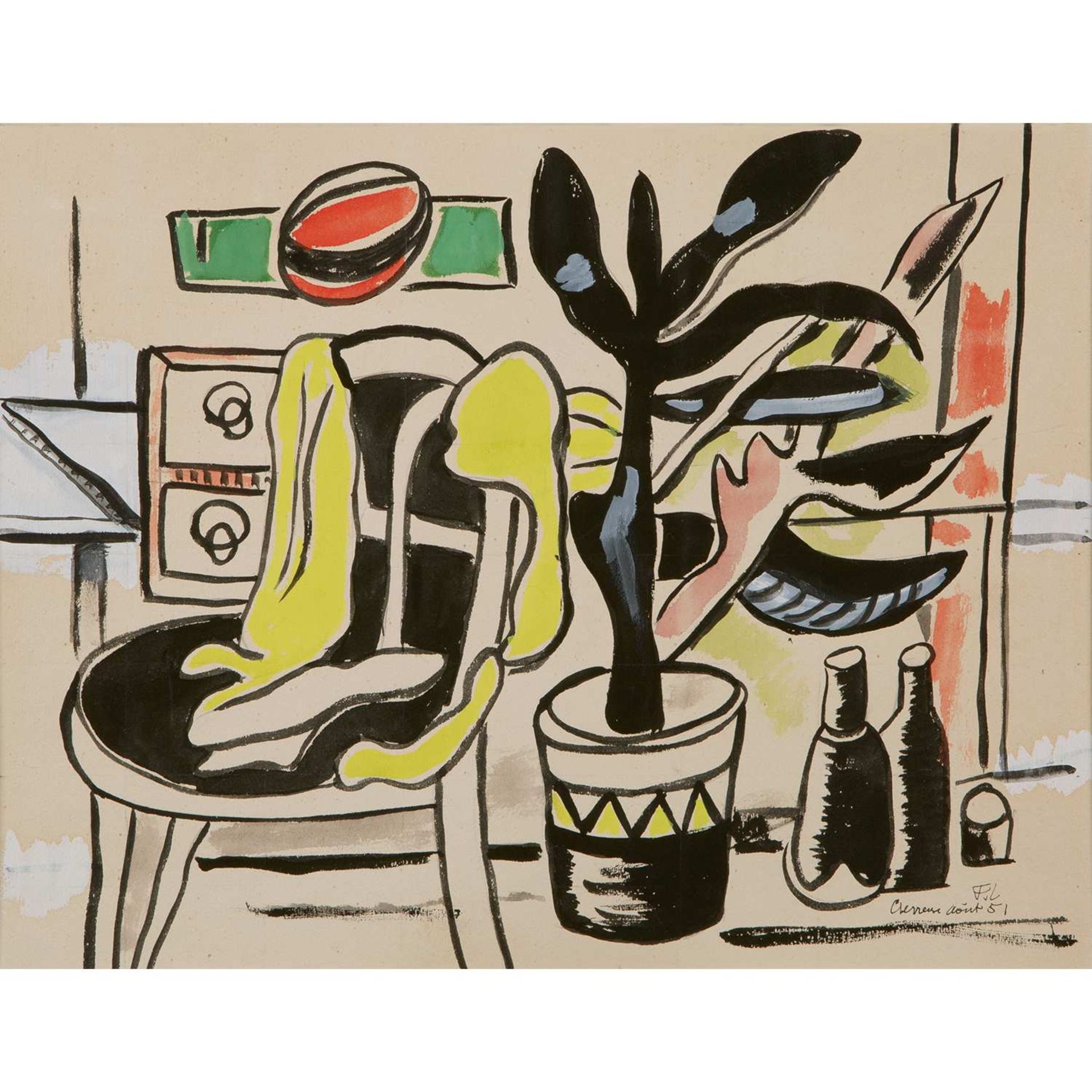 FERNAND LÉGER (1881-1955) UNE CHAISE ET UN POT DE FLEURS, 1951 Gouache et encre sur papier Signée du