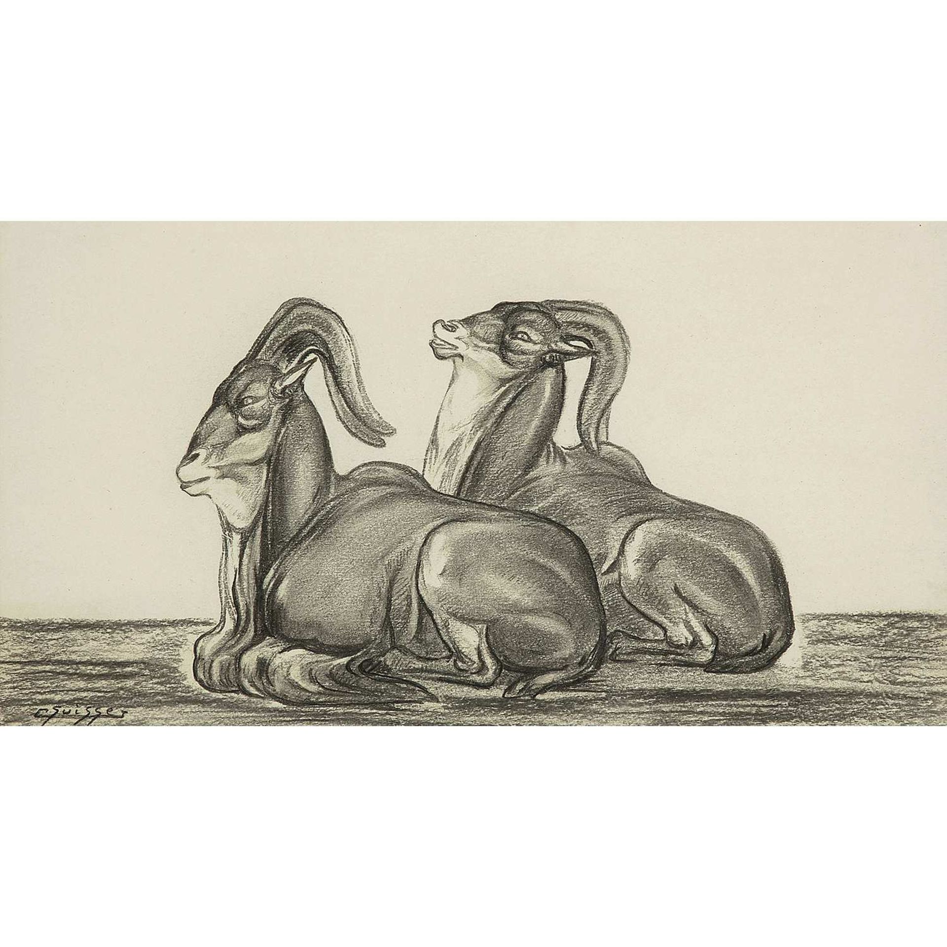 GASTON SUISSE (1896-1988) Mouflons, circa 1930 Mouflons couchés, circa 1930, crayon et pastel sur