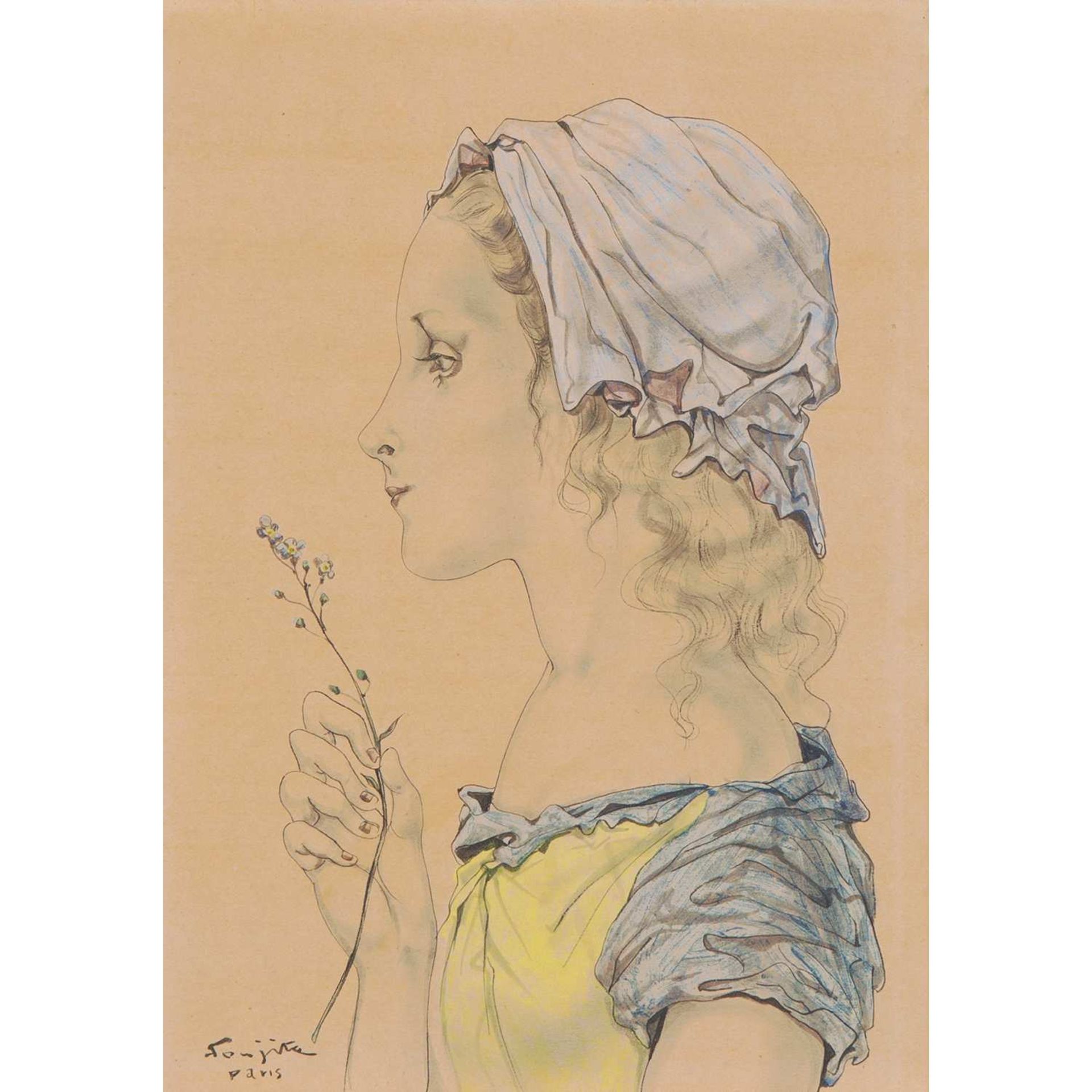 LÉONARD-TSUGUHARU FOUJITA (1886-1968) JEUNE FILLE À LA FLEURAquarelle et encre sur papierSignée et