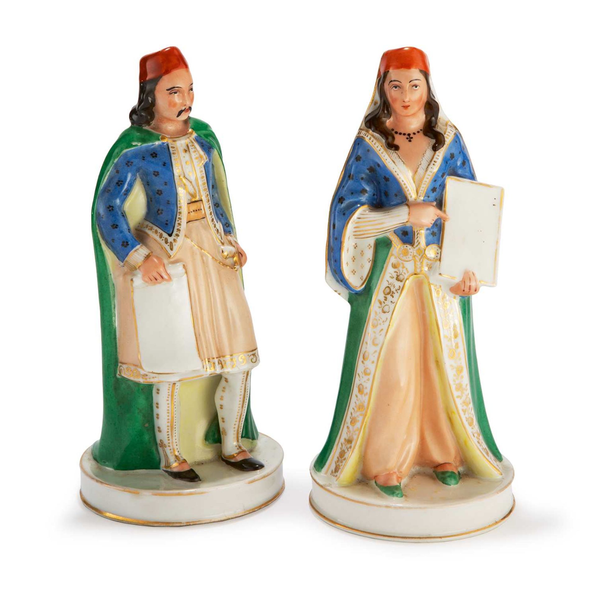 PORCELAINE DE PARIS POUR BADIN FRÈRES, DISTILLATEURS, XIXE SIÈCLE Deux flacons-statuettes en