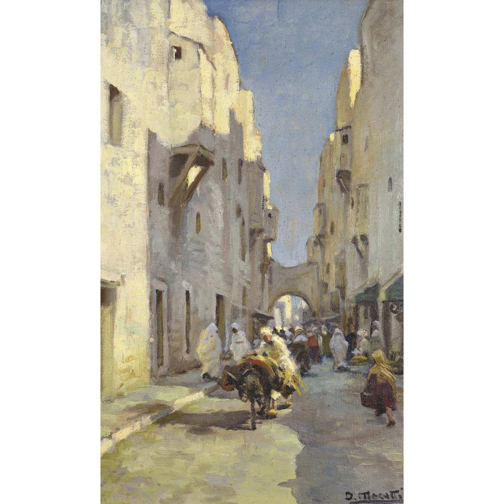 DARIO MECATTI (1909-1976) RUE ANIMÉE AU MAROC STREET SCENE IN MOROCCO Huile sur toile, signée en bas