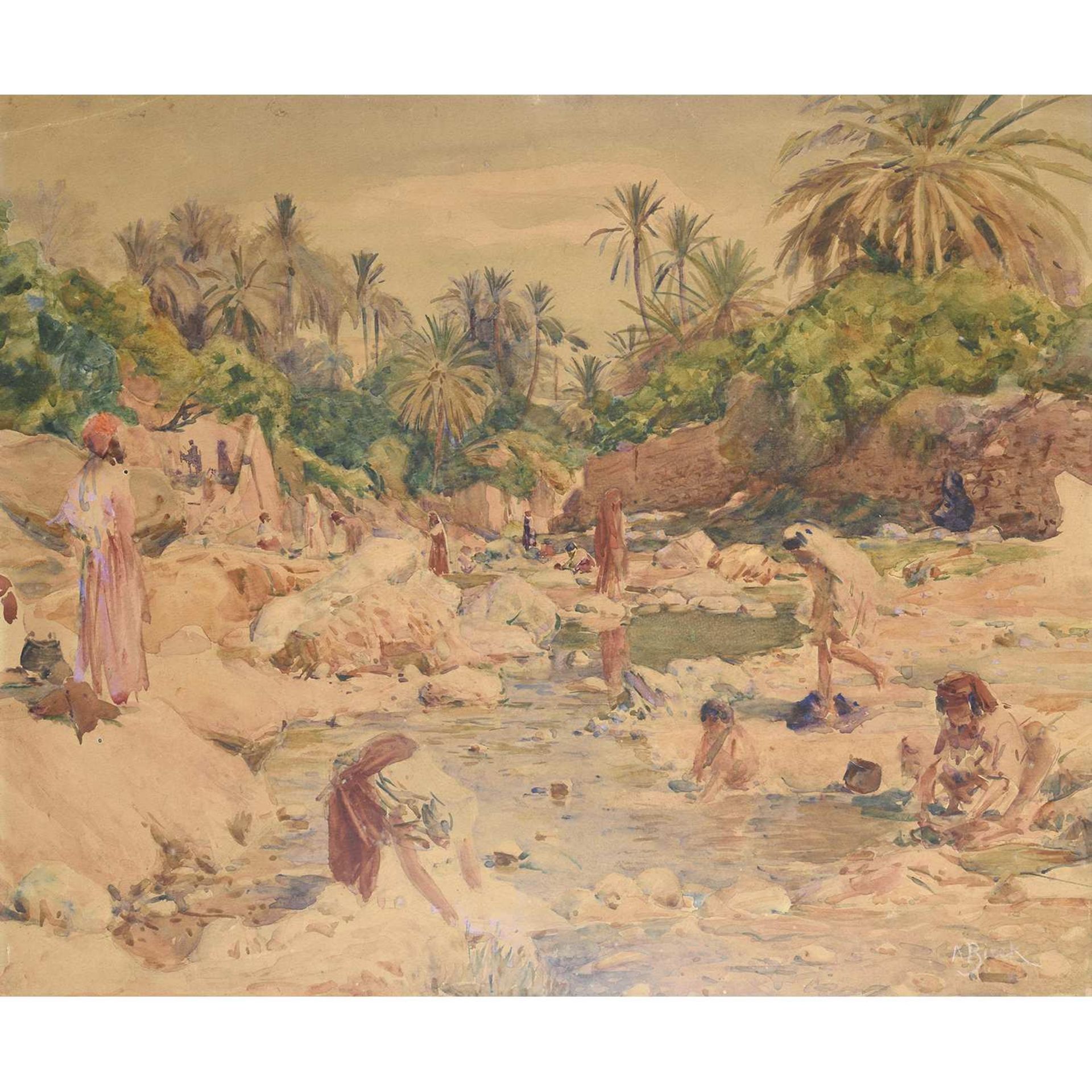 ALPHONSE BIRCK (1859-1942) LAVANDIÈRES AU BORD DE L'OUED WASHERWOMEN BY THE WADI Aquarelle sur