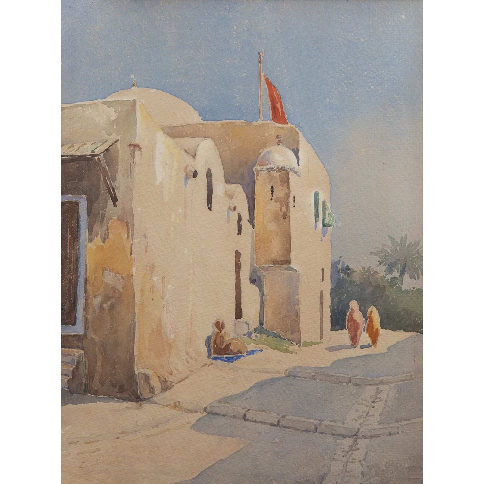 LOUIS ACHARD (XXE SIÈCLE) "RUE À RADÈS" A STREET IN RADES Aquarelle sur papier, signée et datée "28"