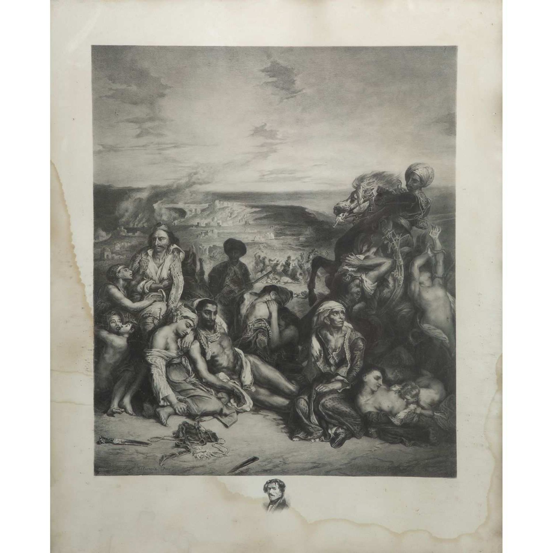 D'APRÈS EUGÈNE DELACROIX, "LES MASSACRES DE SCIO " GRANDE ESTAMPE en noir et blanc, avec remarque