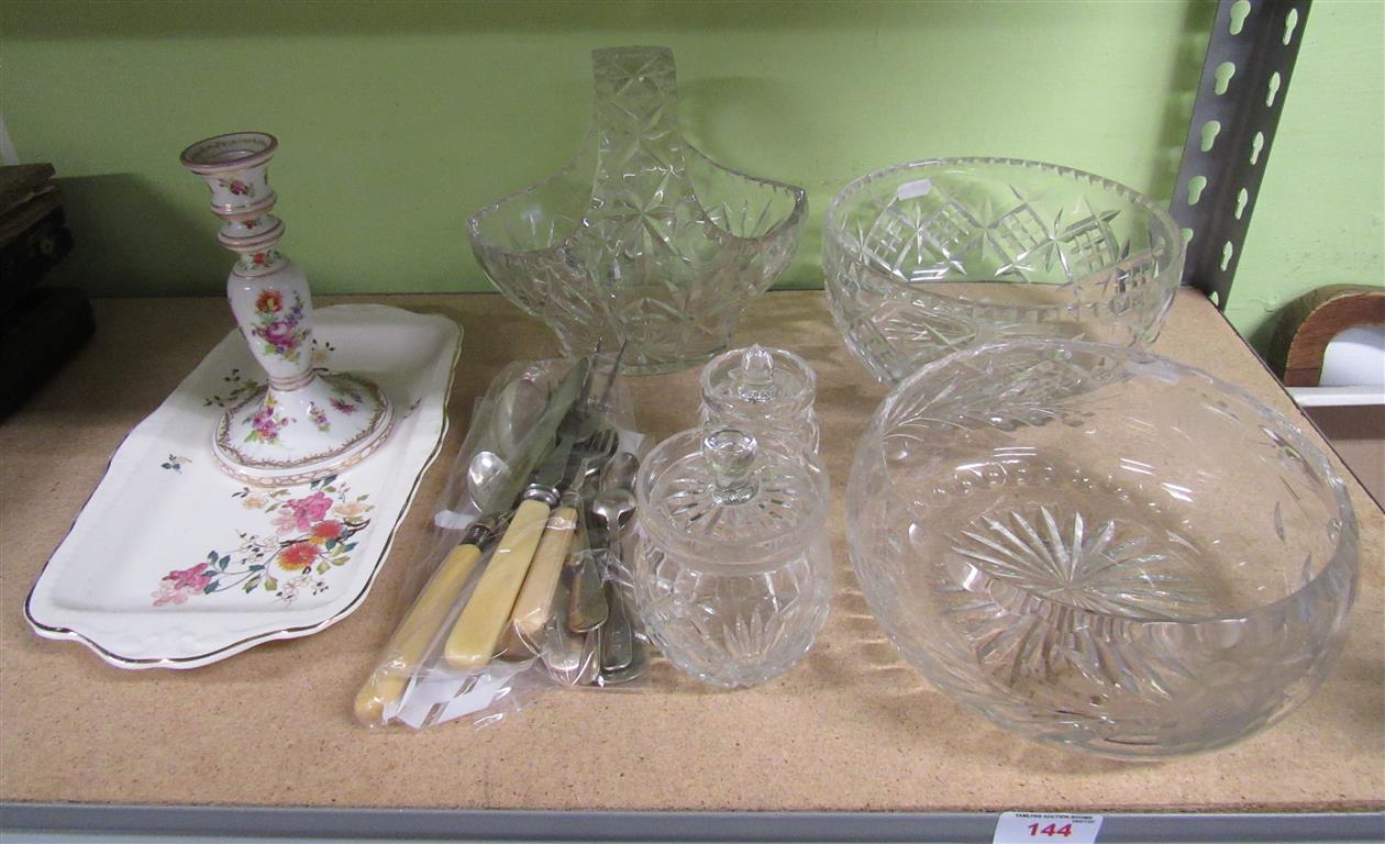 Two cut crystal fruit bowls and a cut crystal fruit basket, two cut crystal jam pots with lids, some