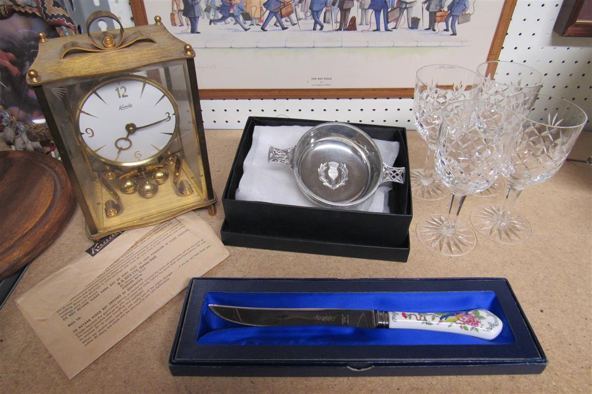 Four crystal glasses, a Highland Quaich, a Kundo 400 day clock with key and instructions and an