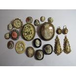 A collection of Victorian and later cameo jewellery to include loose unmounted cameo shells.