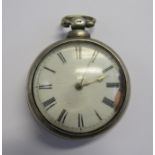 An early Victorian silver pair cased pocket watch with white enamel face, brass batons, Roman