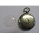 A Victorian silver full hunter pocket watch with white enamel face - unglassed but replacement