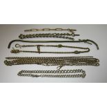 A collection of watch chains to include unmarked gold or gold plate, silver and gold tone etc. (A/