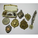 A pair of early silver floral cufflinks together with gilt cufflinks, five medals to include