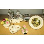 A collection of China ornaments to include two Coalport cottages, two posy bowls, a china kitten and